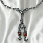 Art Deco Sterling Silver Marcasite Carnelian Drop Necklace Floral Link