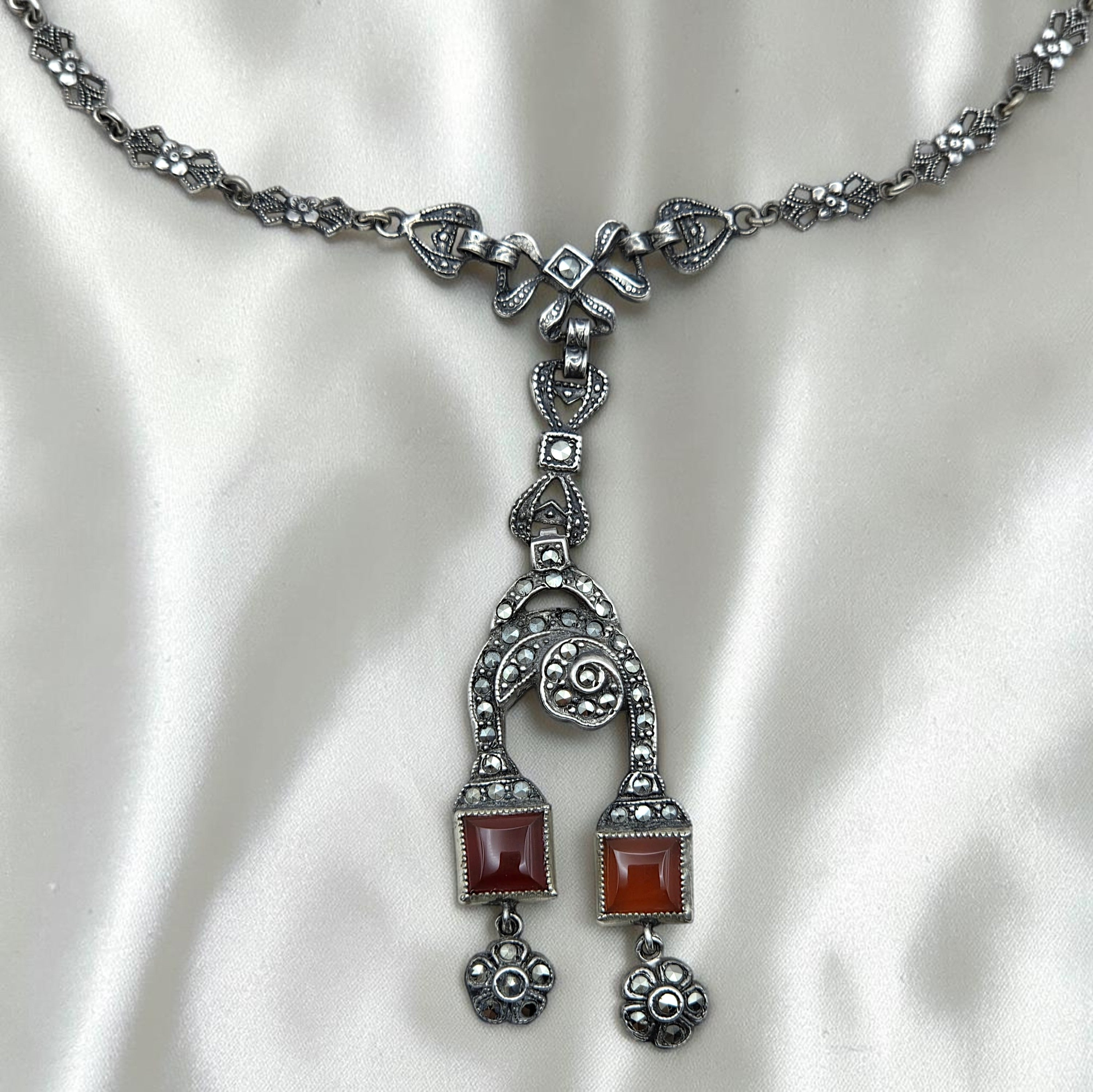 Art Deco Sterling Silver Marcasite Carnelian Drop Necklace Floral Link