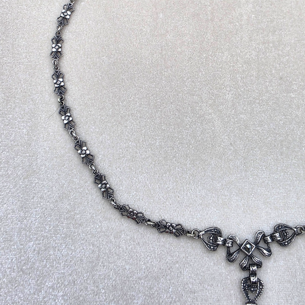 Art Deco Sterling Silver Marcasite Carnelian Drop Necklace Floral Link