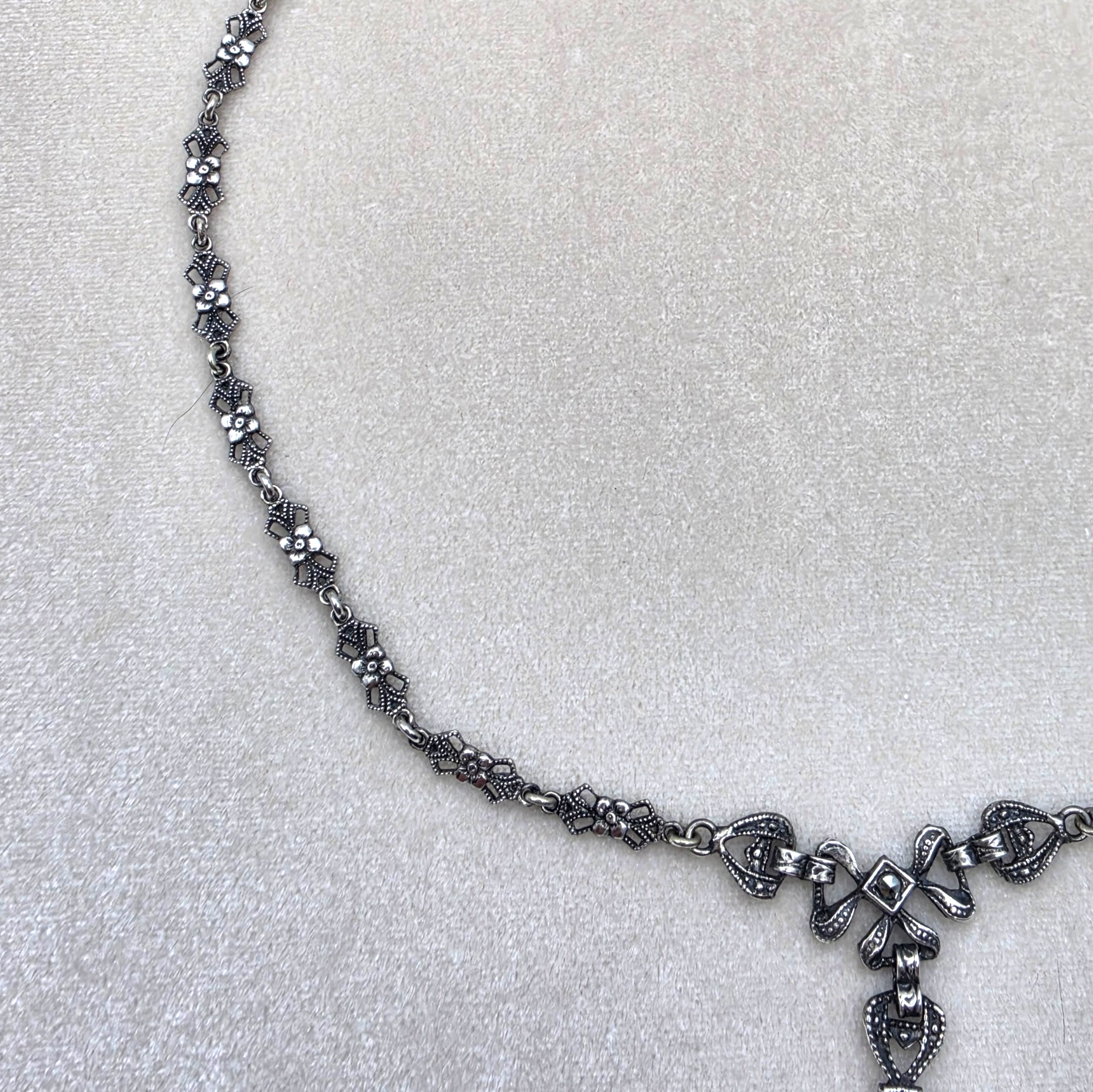Art Deco Sterling Silver Marcasite Carnelian Drop Necklace Floral Link