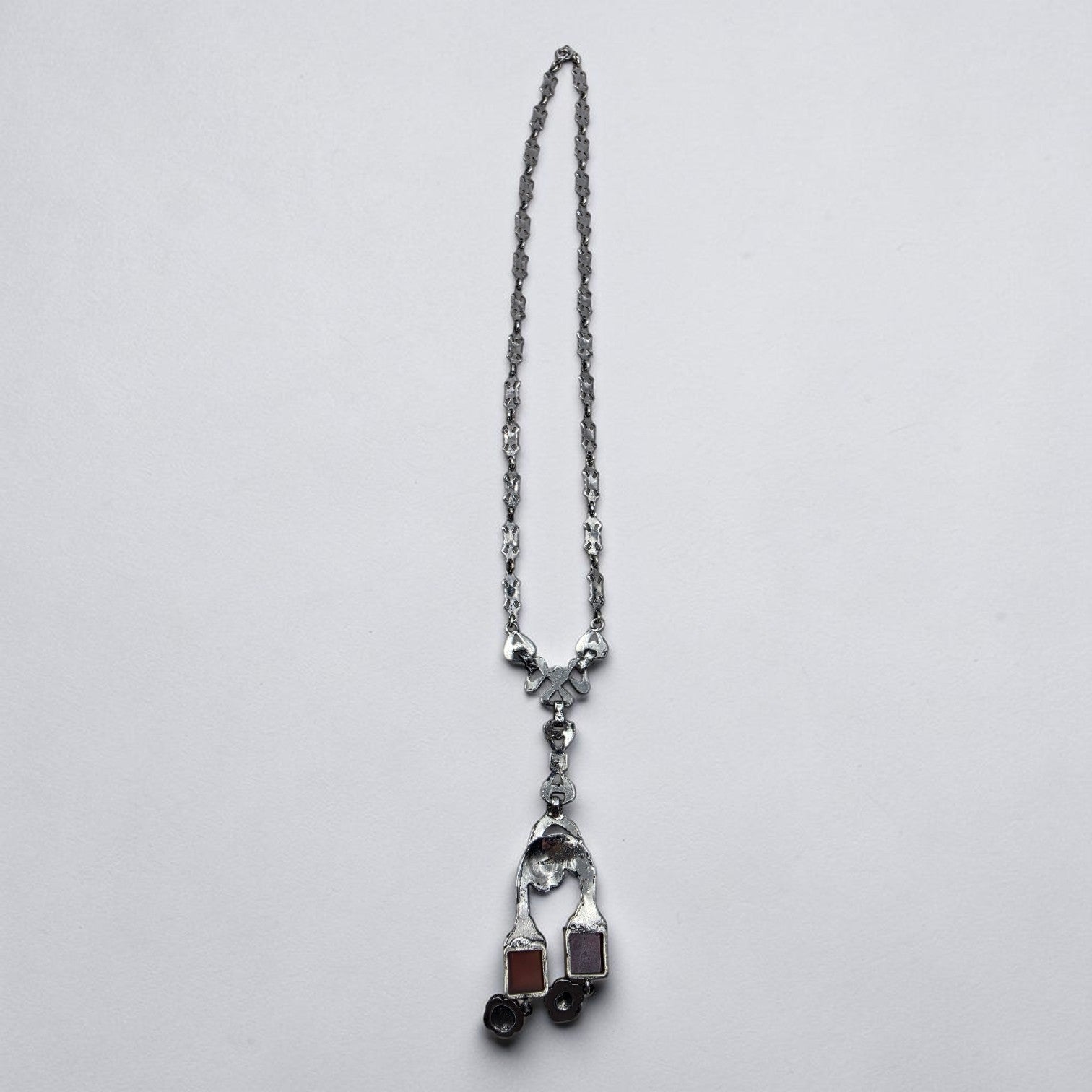 Art Deco Sterling Silver Marcasite Carnelian Drop Necklace Floral Link