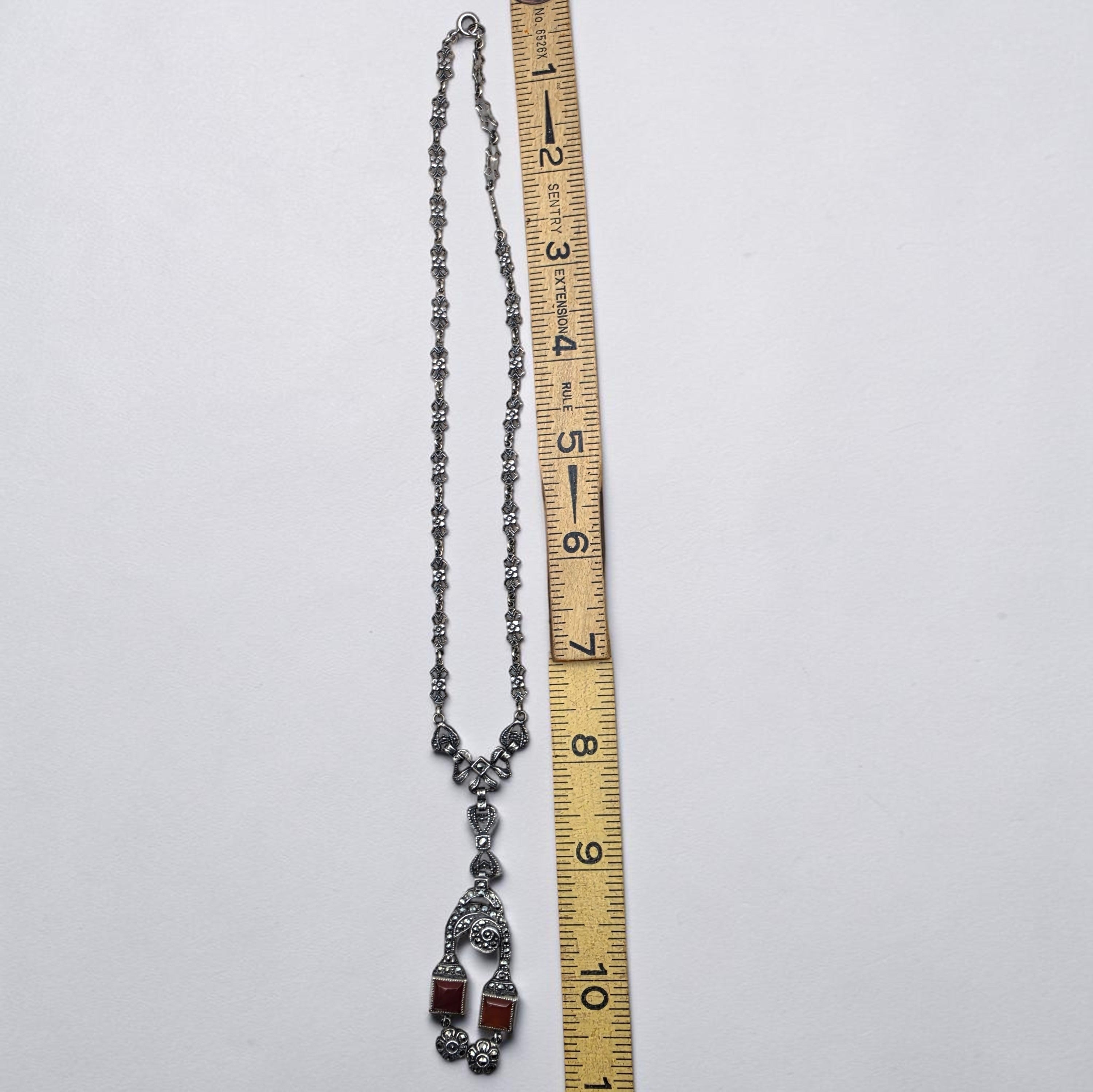 Art Deco Sterling Silver Marcasite Carnelian Drop Necklace Floral Link