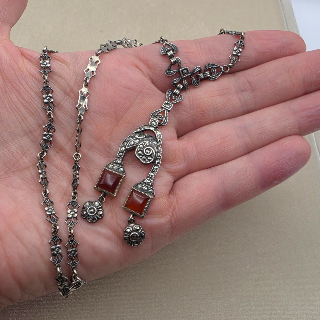 Art Deco Sterling Silver Marcasite Carnelian Drop Necklace Floral Link