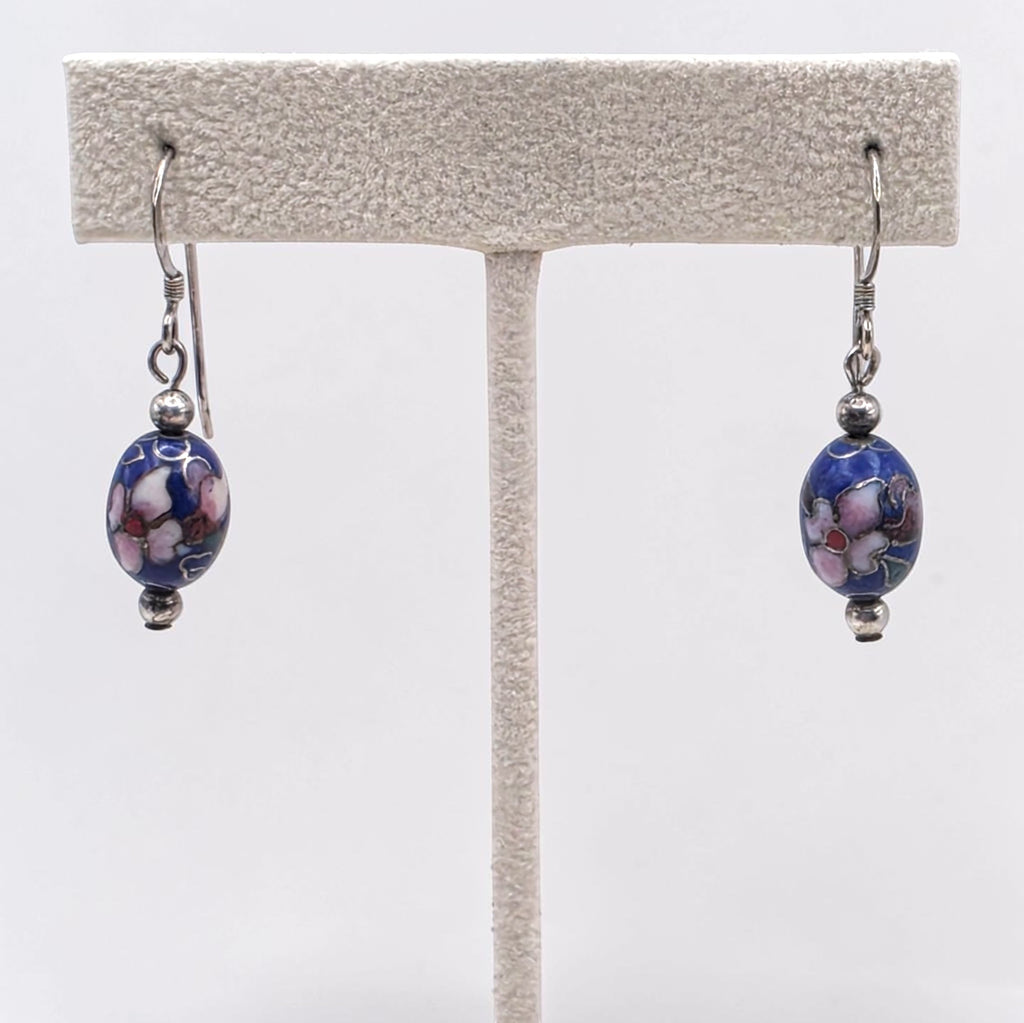 Vintage Sterling Silver Cloisonné Blue & Floral Bead Dangle Earrings
