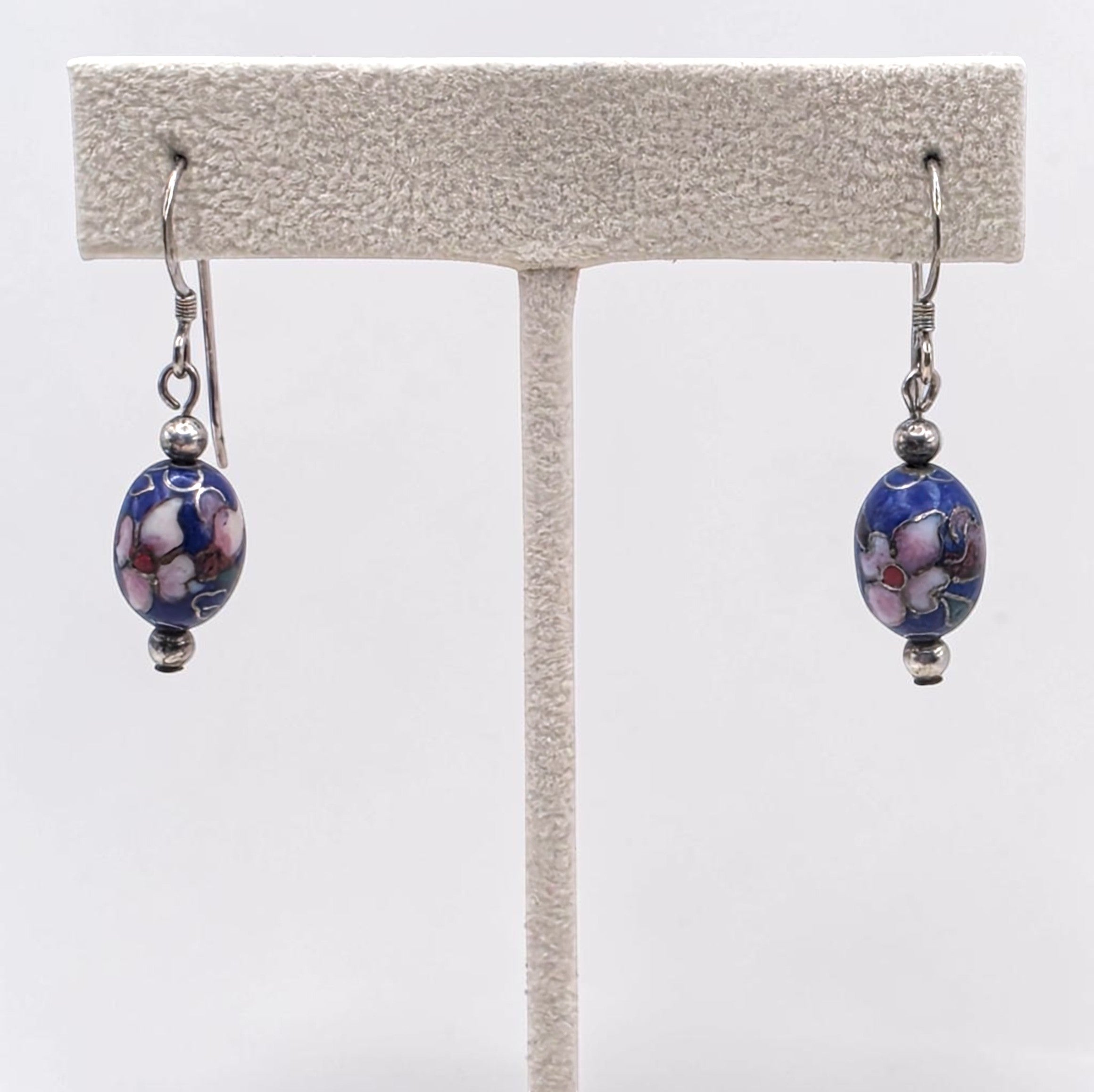 Vintage Sterling Silver Cloisonné Blue & Floral Bead Dangle Earrings
