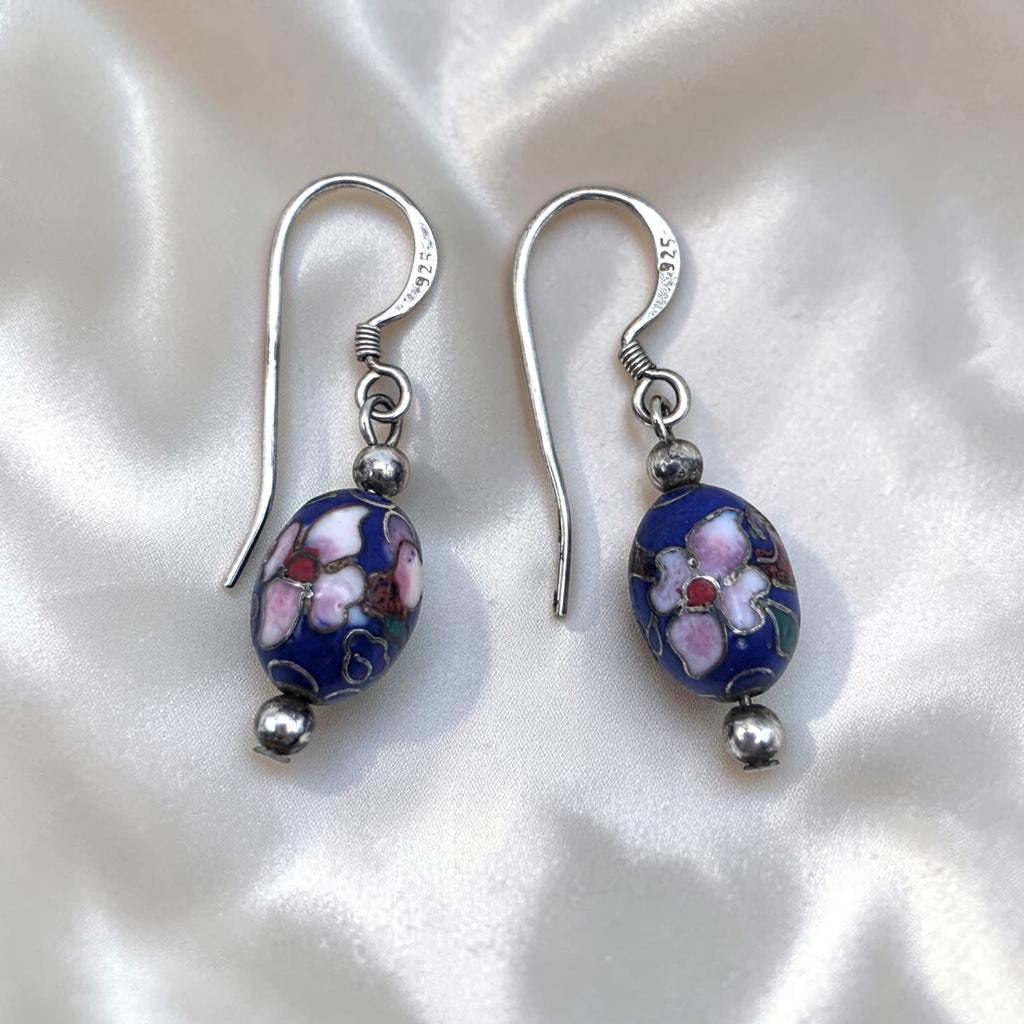 Vintage Sterling Silver Cloisonné Blue & Floral Bead Dangle Earrings