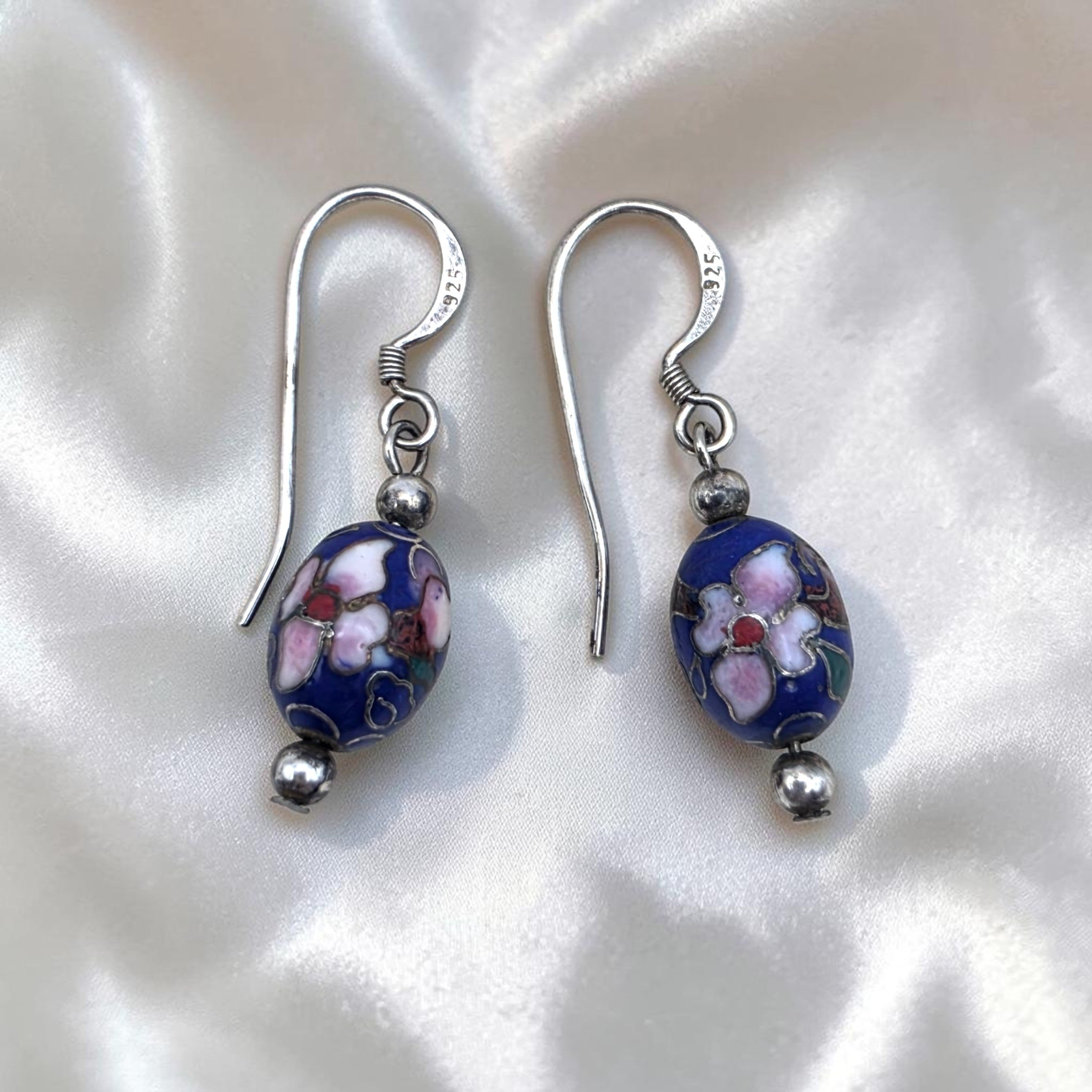 Vintage Sterling Silver Cloisonné Blue & Floral Bead Dangle Earrings