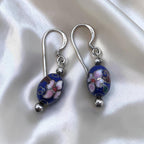 Vintage Sterling Silver Cloisonné Blue & Floral Bead Dangle Earrings