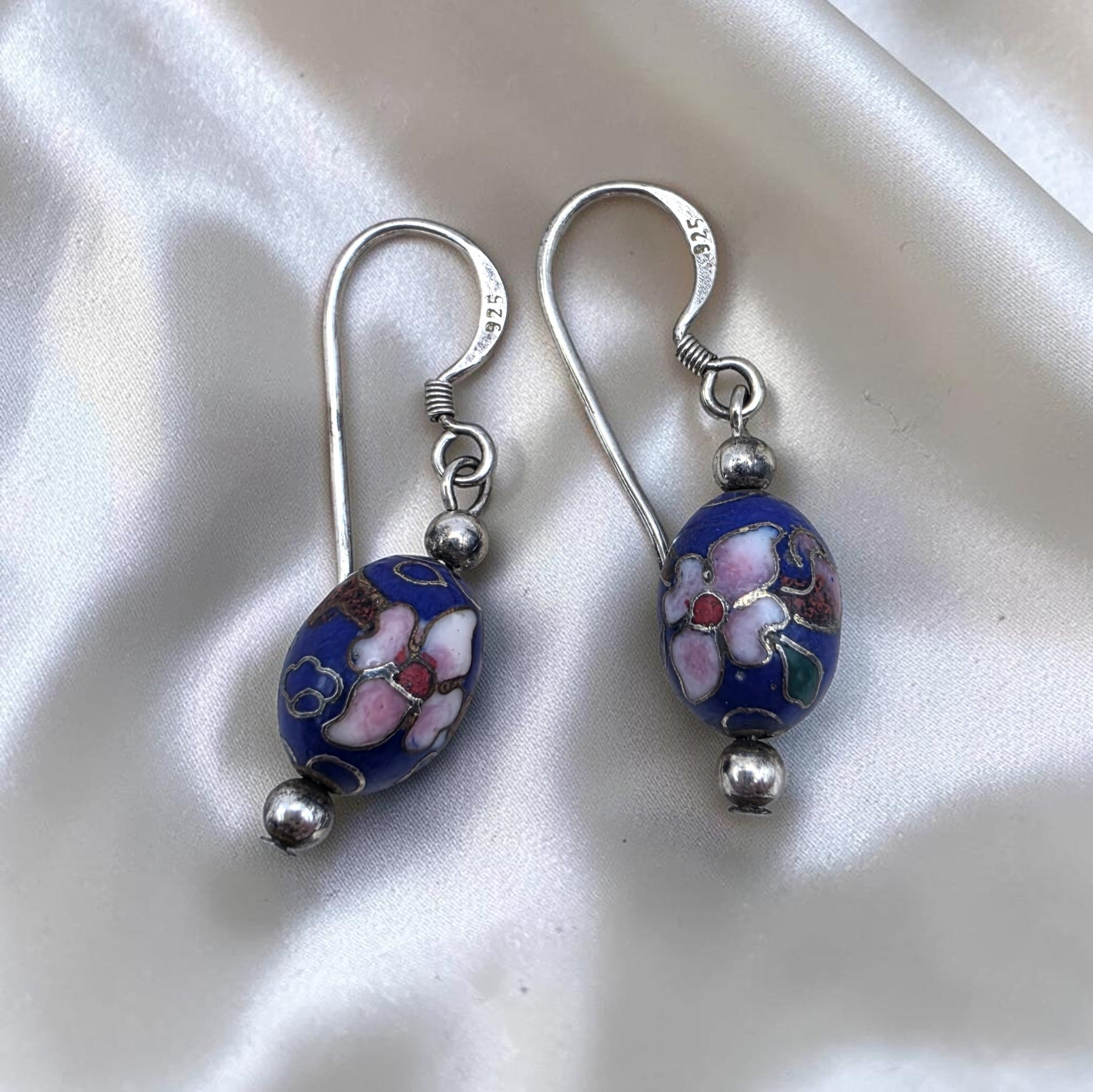 Vintage Sterling Silver Cloisonné Blue & Floral Bead Dangle Earrings