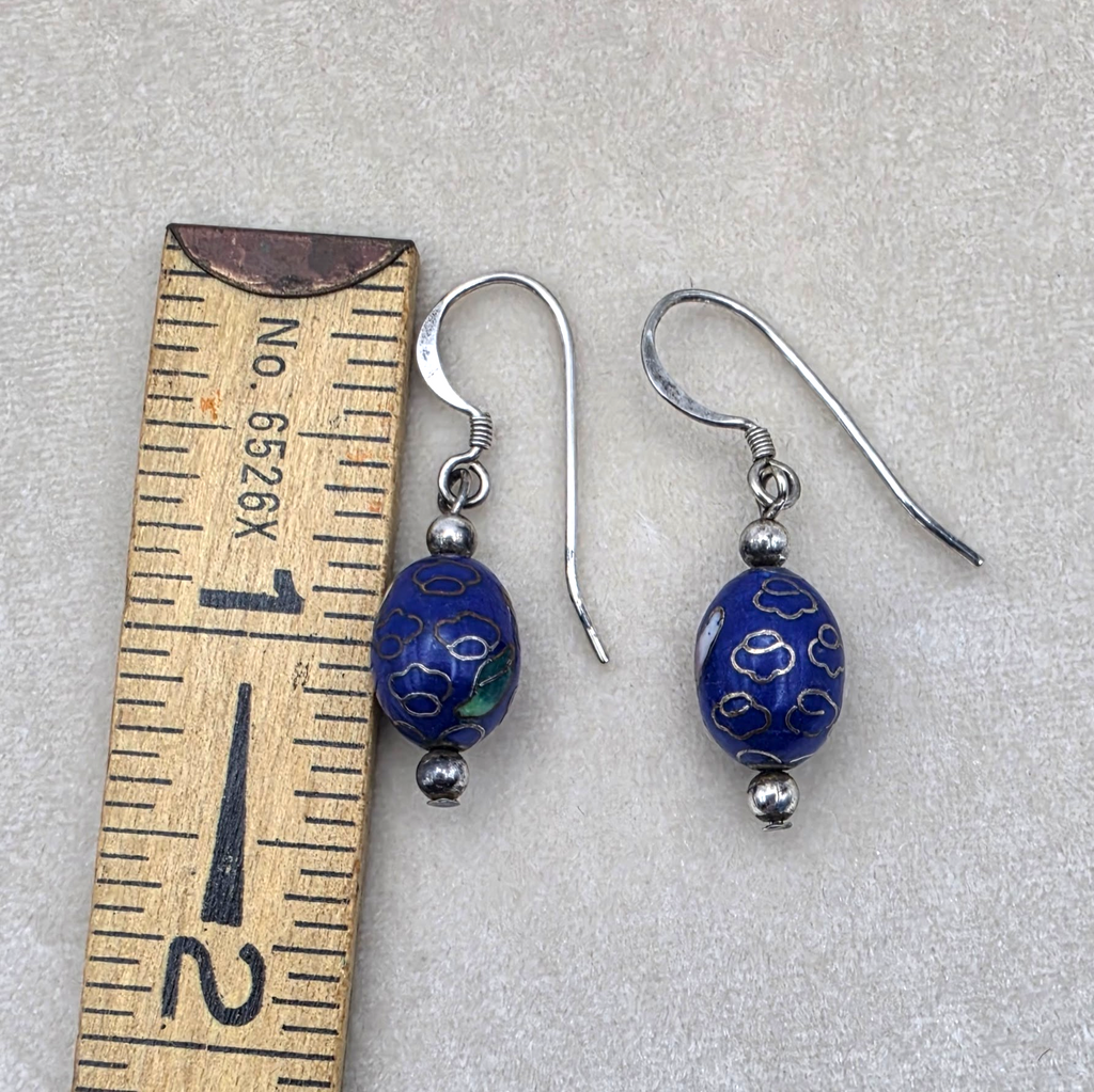 Vintage Sterling Silver Cloisonné Blue & Floral Bead Dangle Earrings