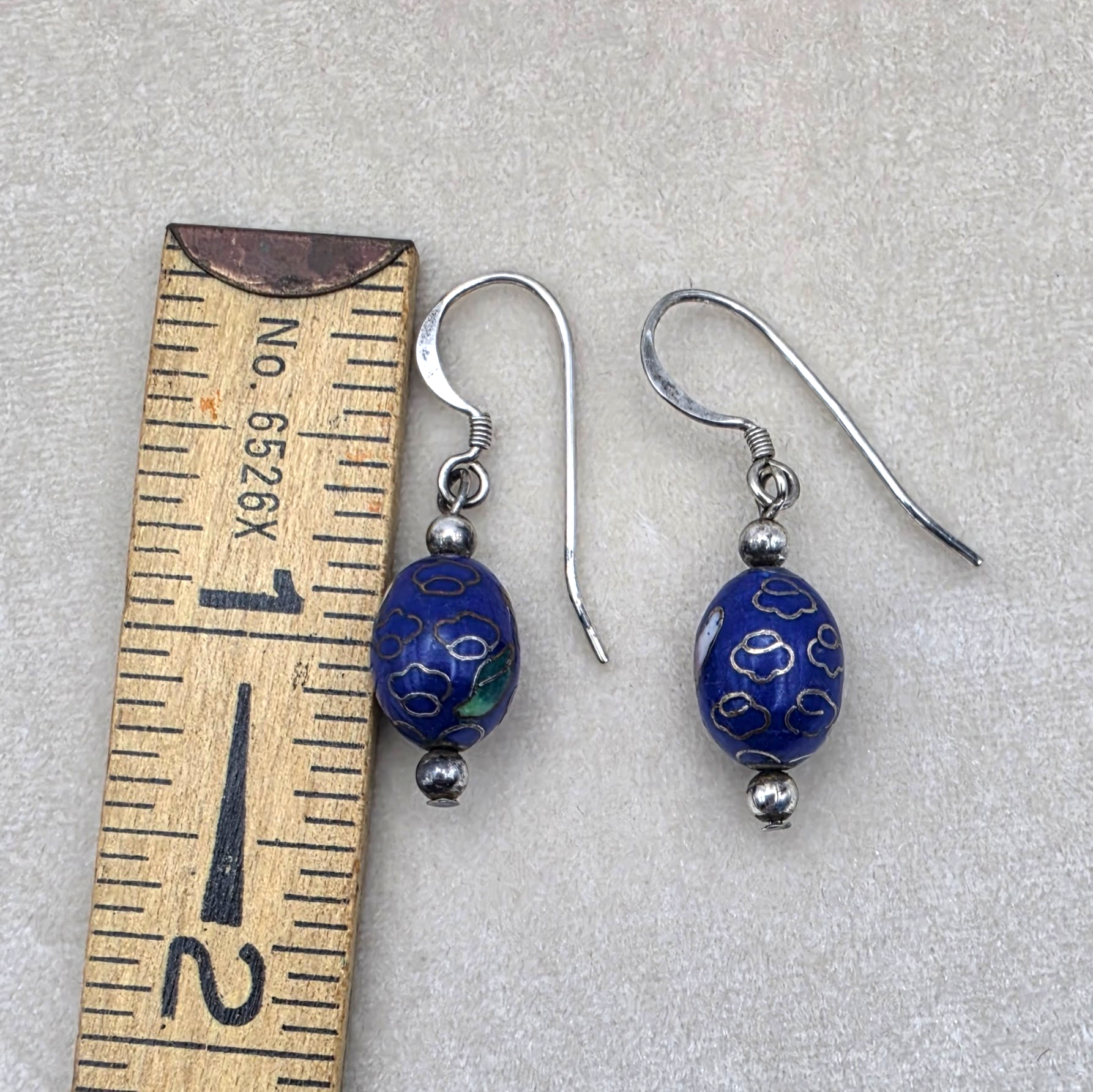 Vintage Sterling Silver Cloisonné Blue & Floral Bead Dangle Earrings
