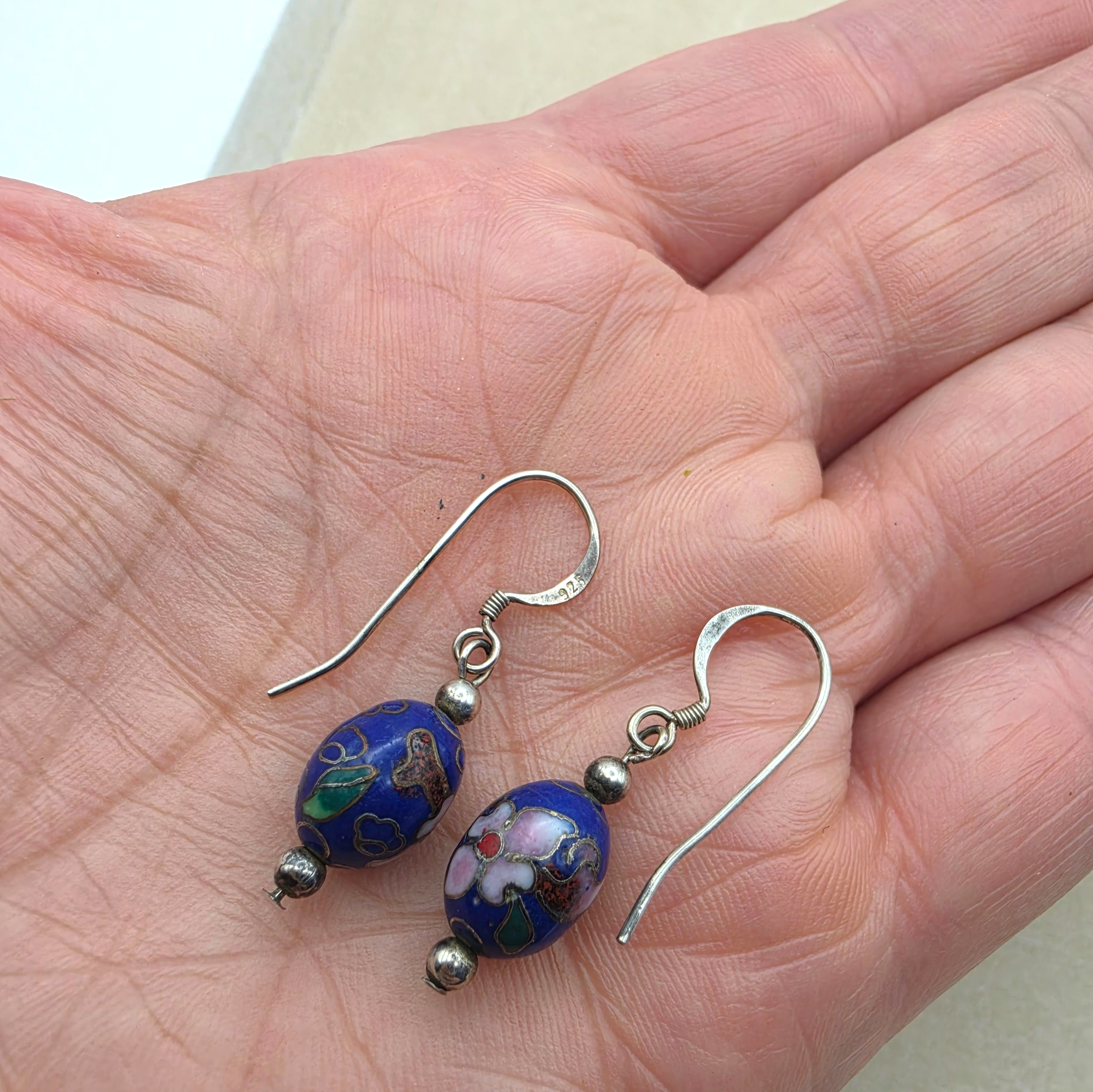 Vintage Sterling Silver Cloisonné Blue & Floral Bead Dangle Earrings
