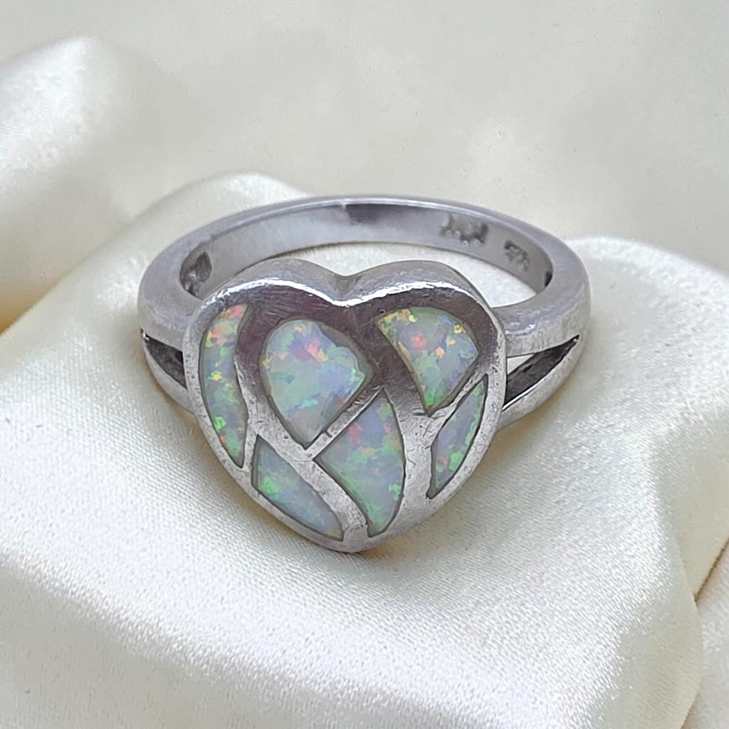 Vintage Sterling Silver White Simulated Opal Inlay Heart Ring Size 7 925