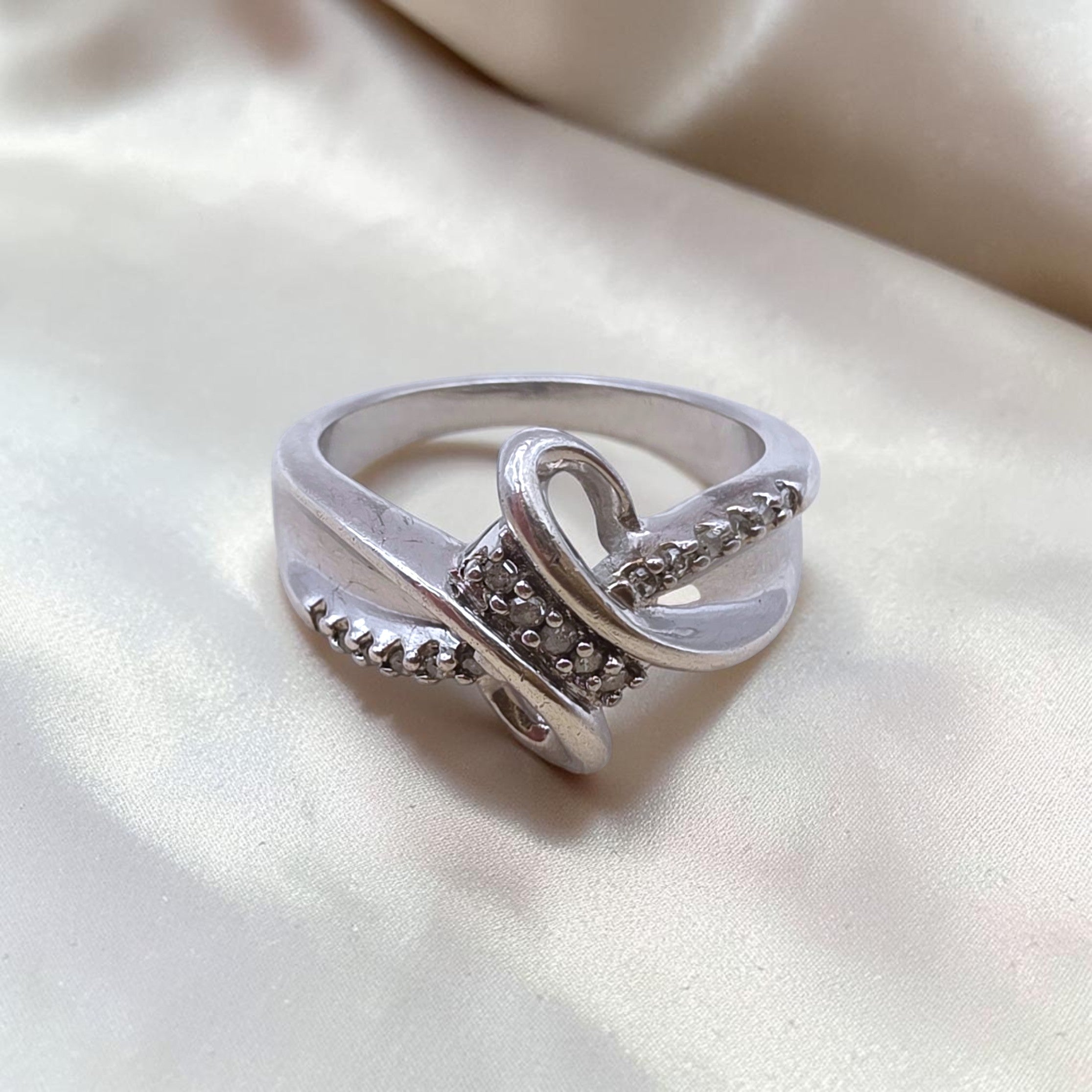 Sterling Silver Diamond Bypass Ring 925 SUN Modernist Size 6.5