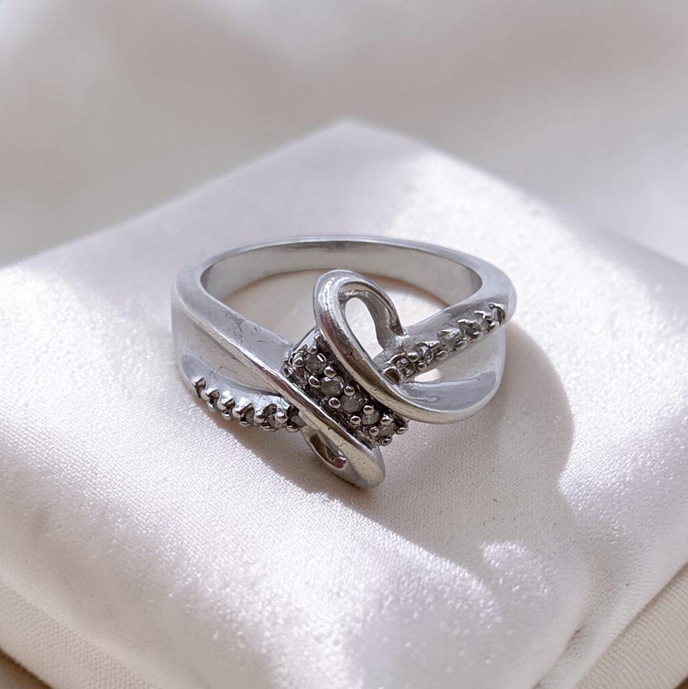 Sterling Silver Diamond Bypass Ring 925 SUN Modernist Size 6.5