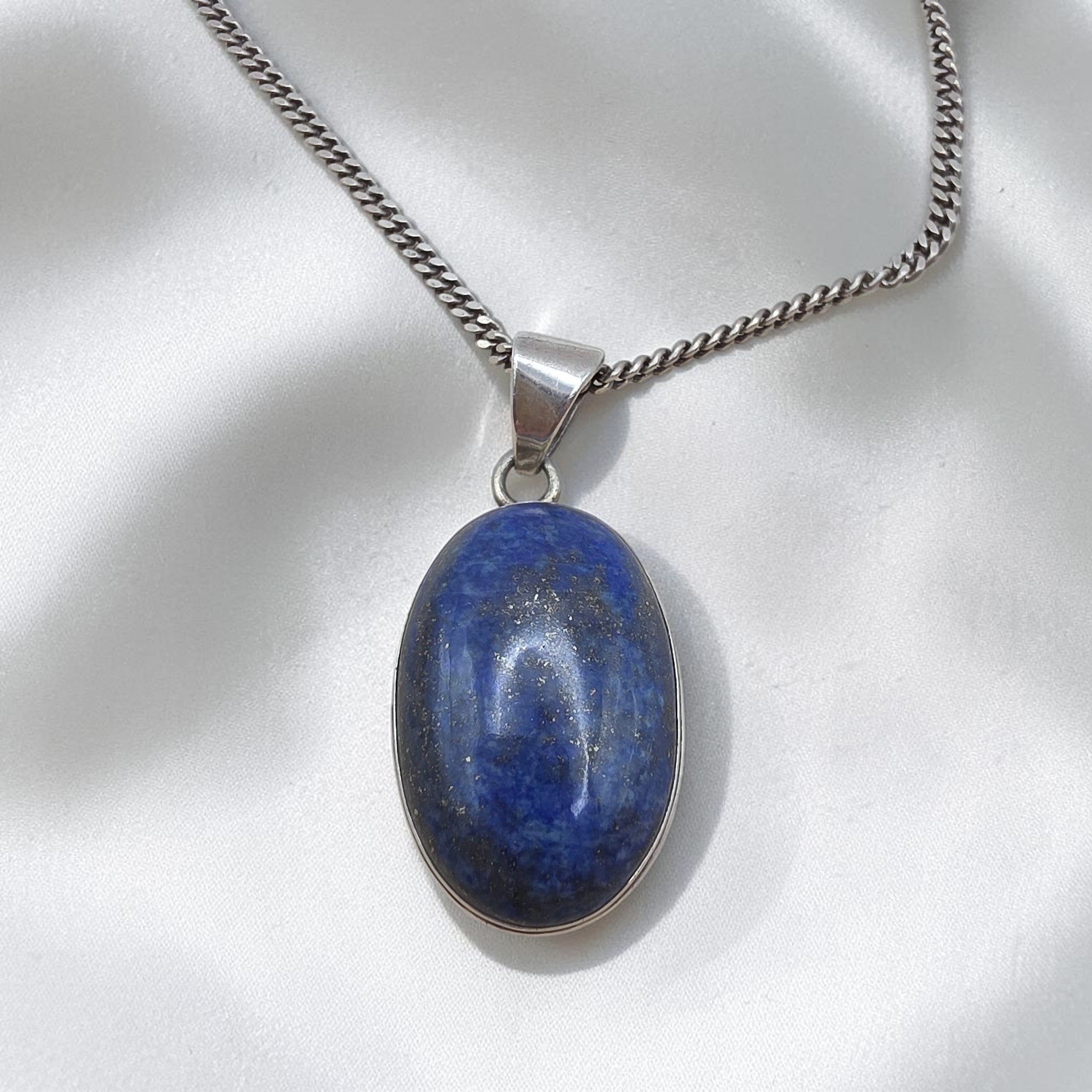 Vintage Sterling Silver Large Lapis Lazuli Pendant Necklace 20" Italian Chain