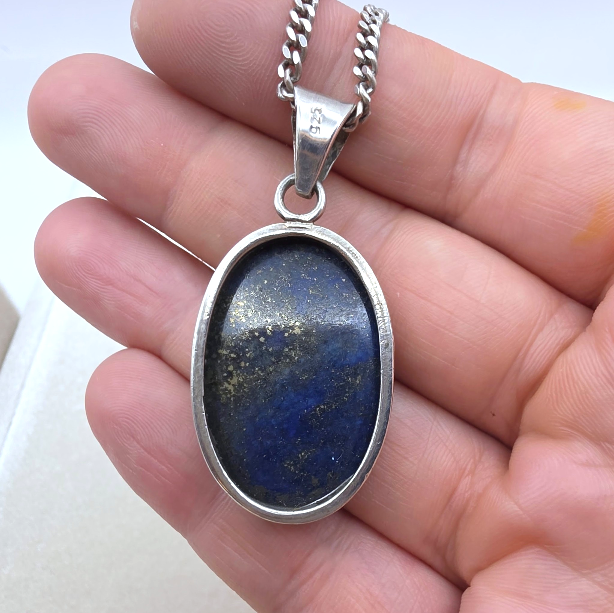 Vintage Sterling Silver Large Lapis Lazuli Pendant Necklace 20" Italian Chain