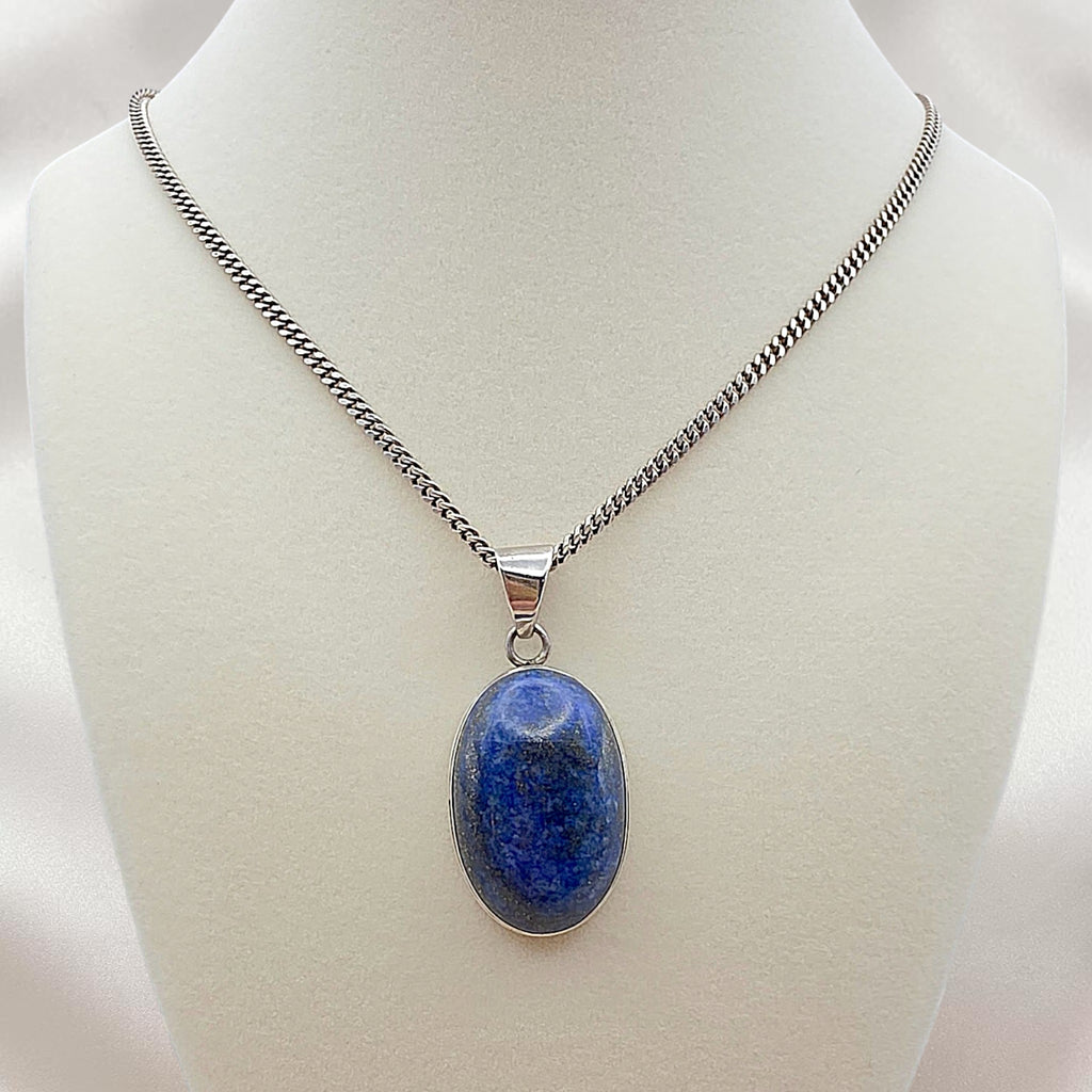 Vintage Sterling Silver Large Lapis Lazuli Pendant Necklace 20" Italian Chain