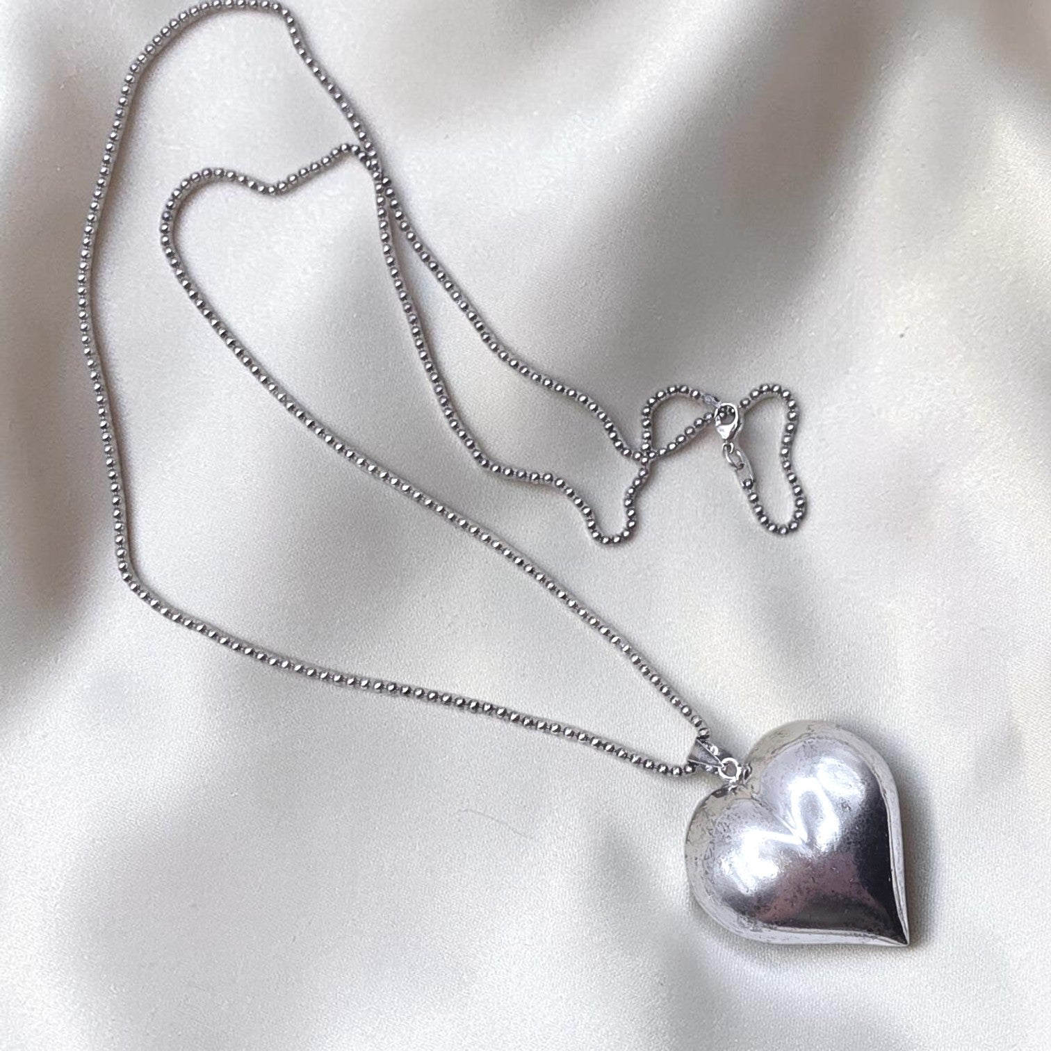 Vintage Sterling Silver Puffy Heart Pendant Necklace 36" Italian Ball Chain