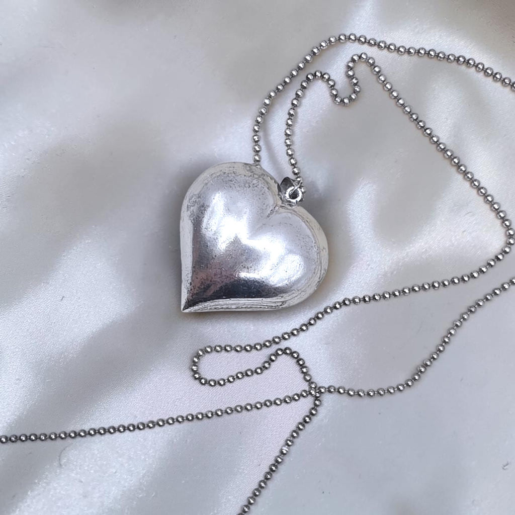 Vintage Sterling Silver Puffy Heart Pendant Necklace 36" Italian Ball Chain