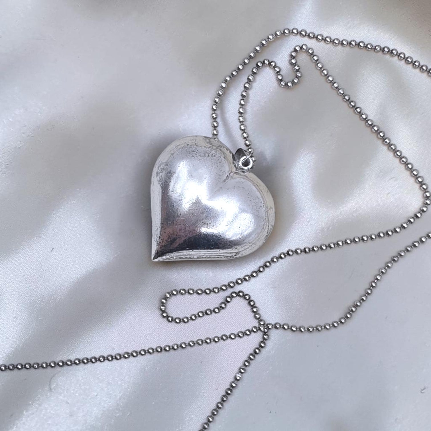 Vintage Sterling Silver Puffy Heart Pendant Necklace 36" Italian Ball Chain