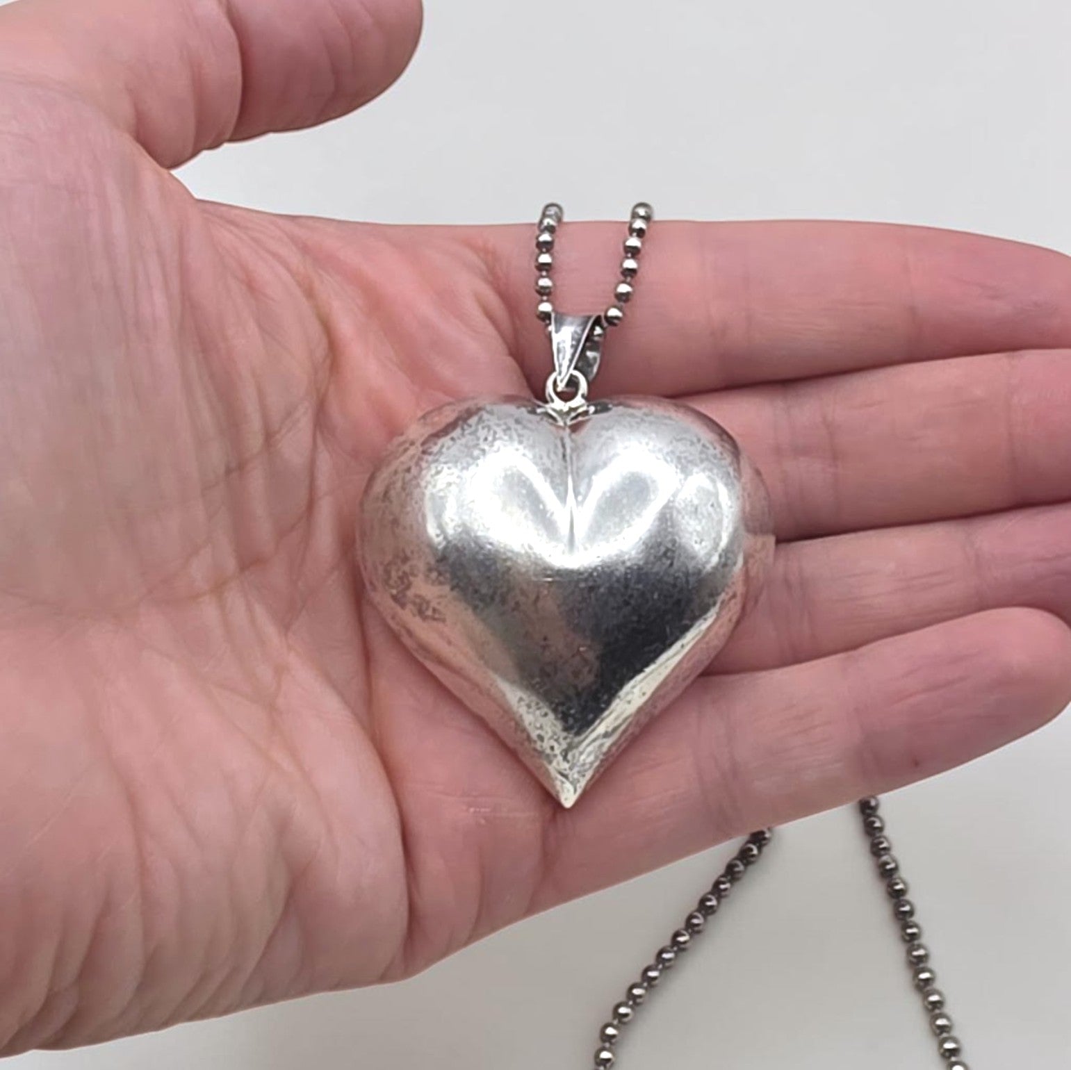 Vintage Sterling Silver Puffy Heart Pendant Necklace 36" Italian Ball Chain