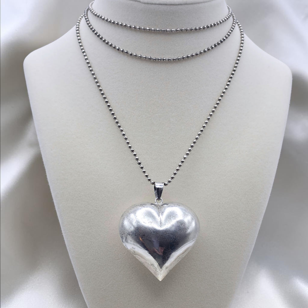 Vintage Sterling Silver Puffy Heart Pendant Necklace 36" Italian Ball Chain