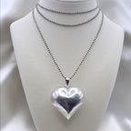 Vintage Sterling Silver Puffy Heart Pendant Necklace 36" Italian Ball Chain