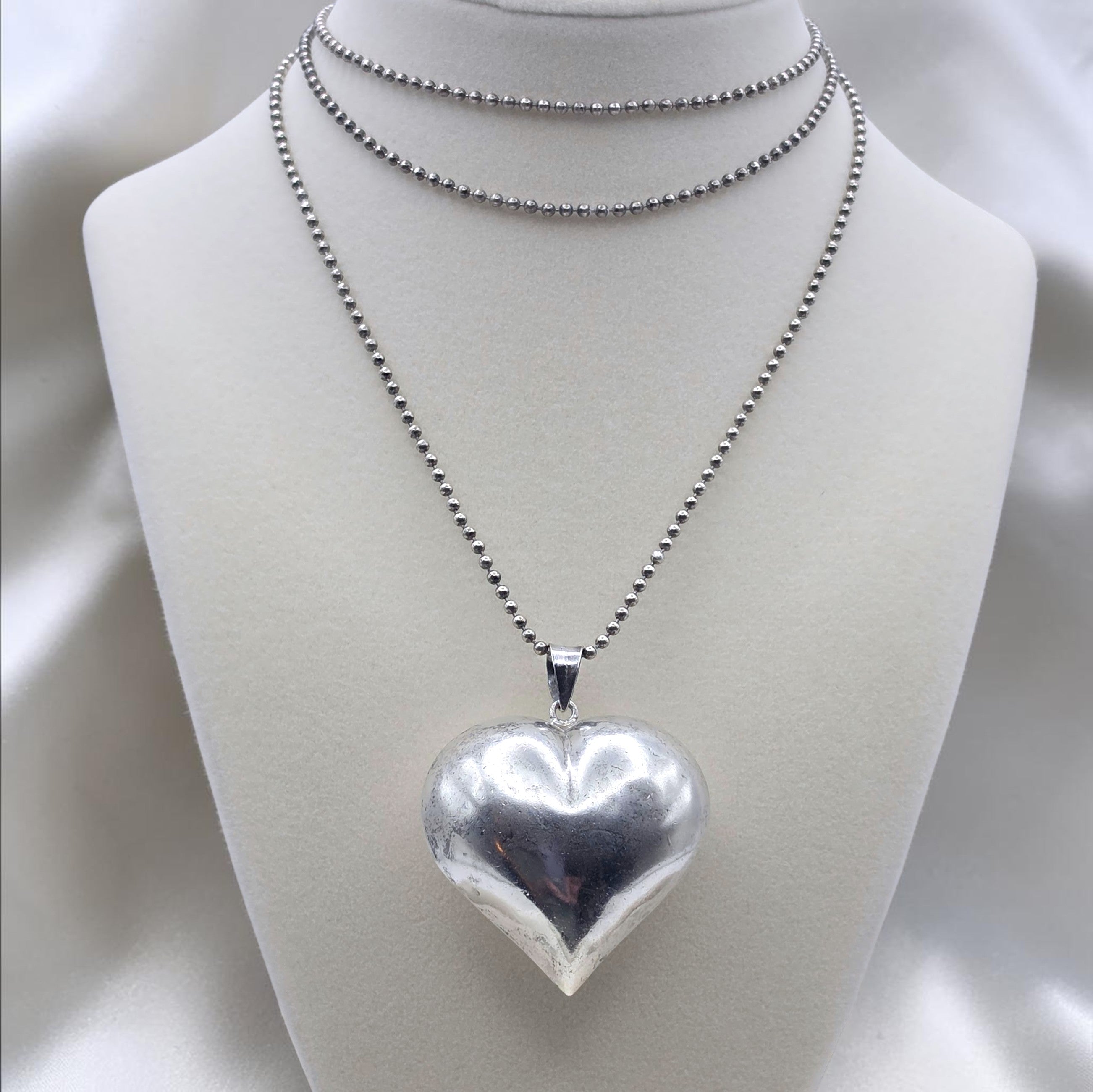 Vintage Sterling Silver Puffy Heart Pendant Necklace 36" Italian Ball Chain