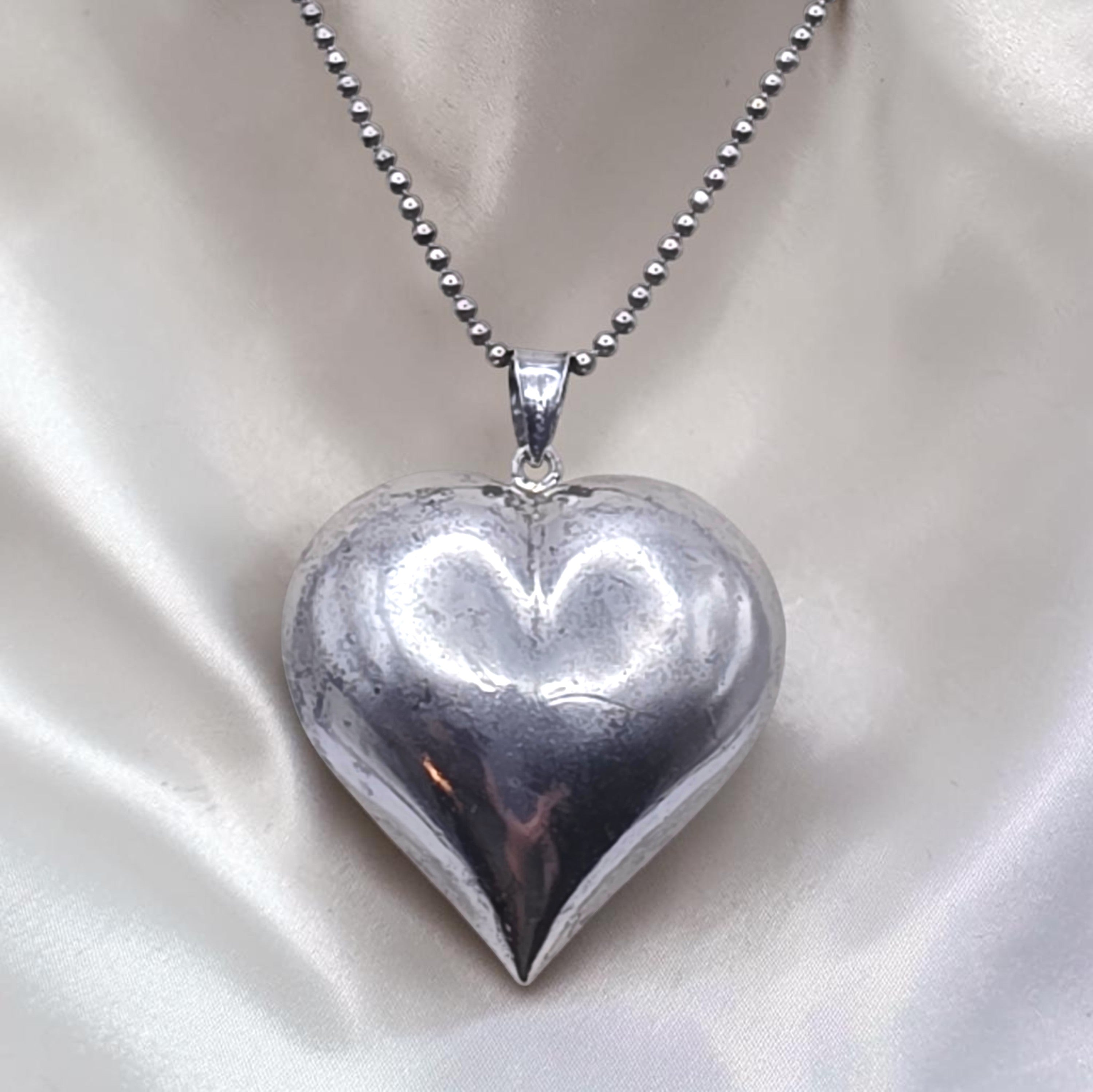 Vintage Sterling Silver Puffy Heart Pendant Necklace 36" Italian Ball Chain