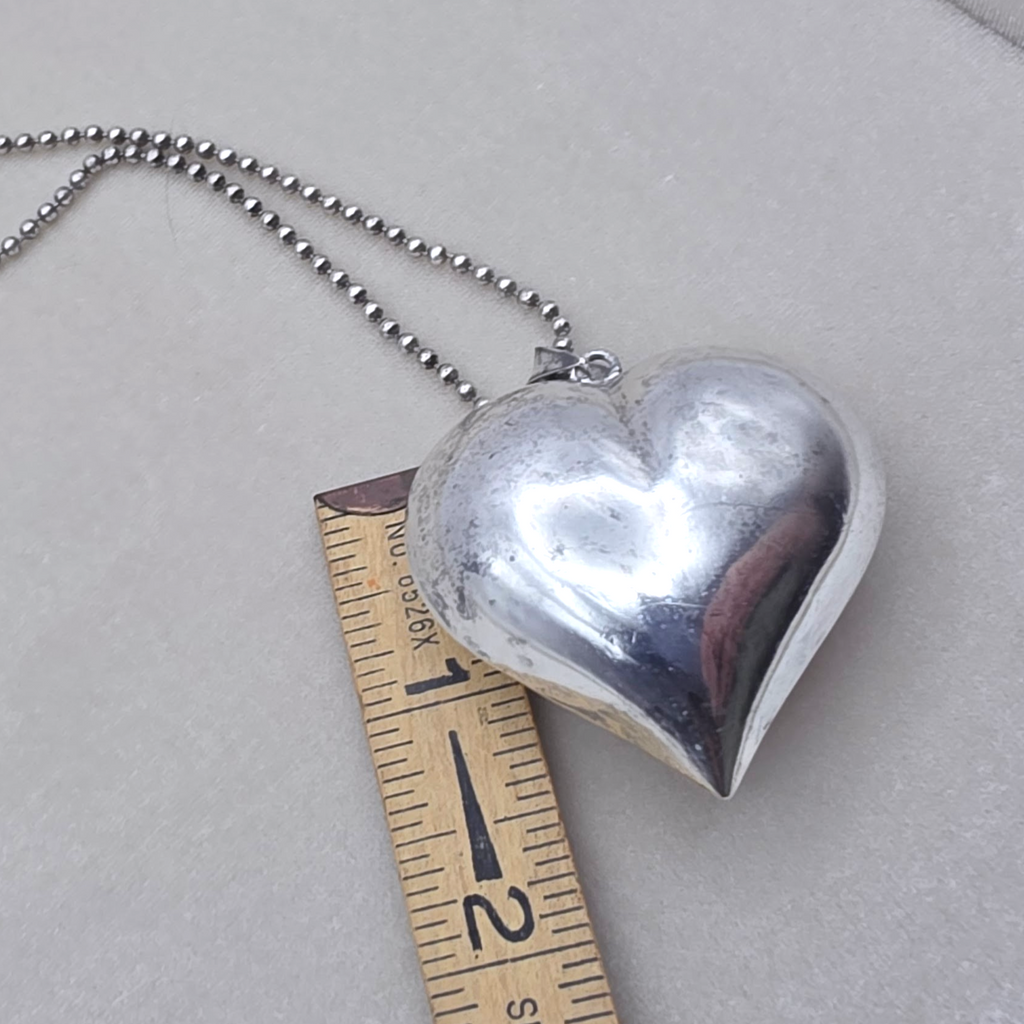 Vintage Sterling Silver Puffy Heart Pendant Necklace 36" Italian Ball Chain