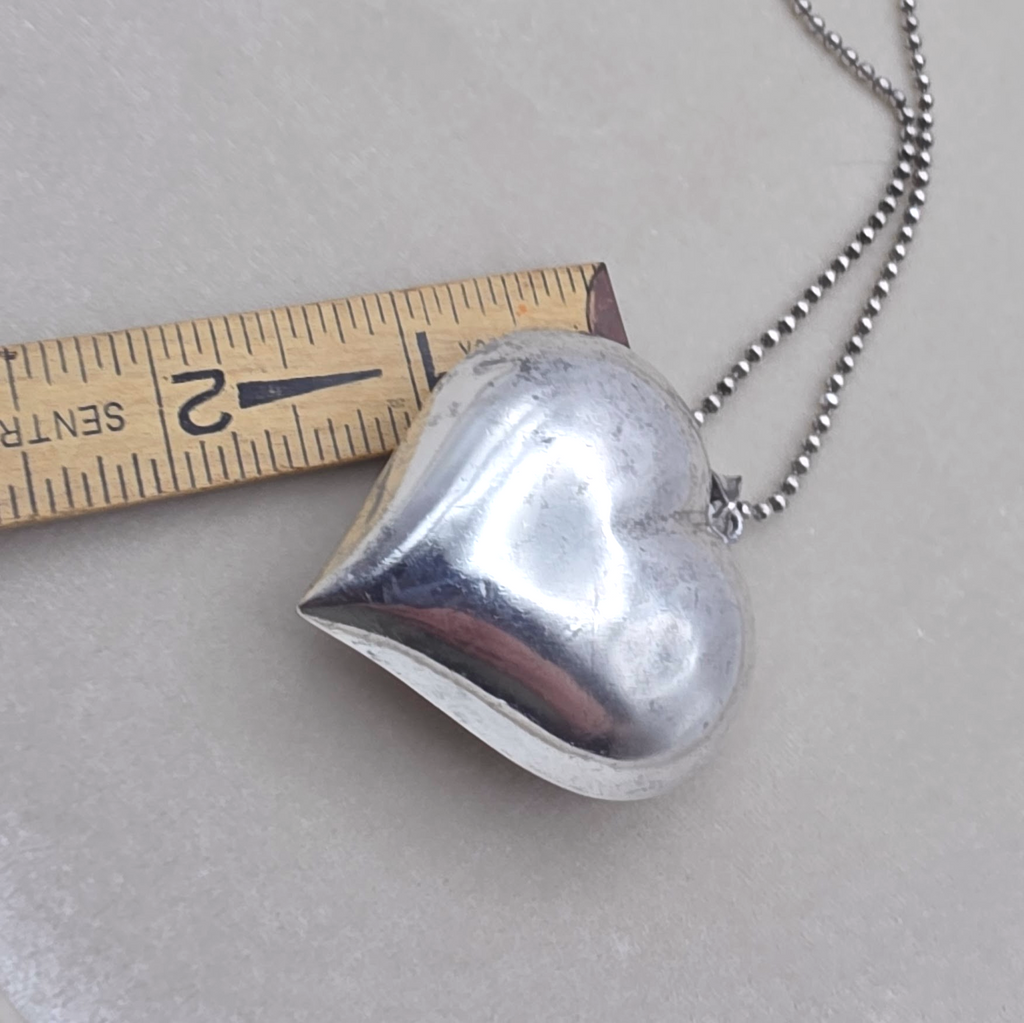 Vintage Sterling Silver Puffy Heart Pendant Necklace 36" Italian Ball Chain