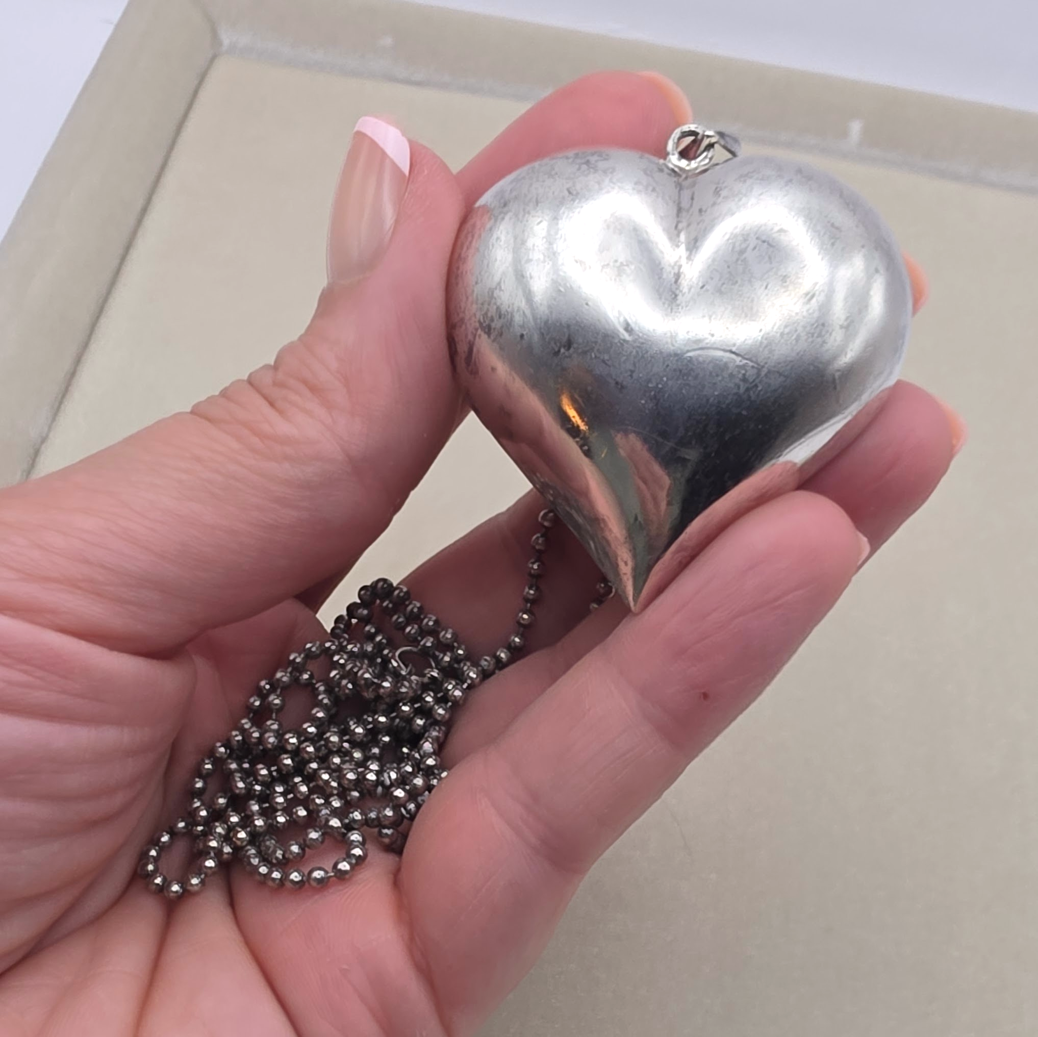 Vintage Sterling Silver Puffy Heart Pendant Necklace 36" Italian Ball Chain