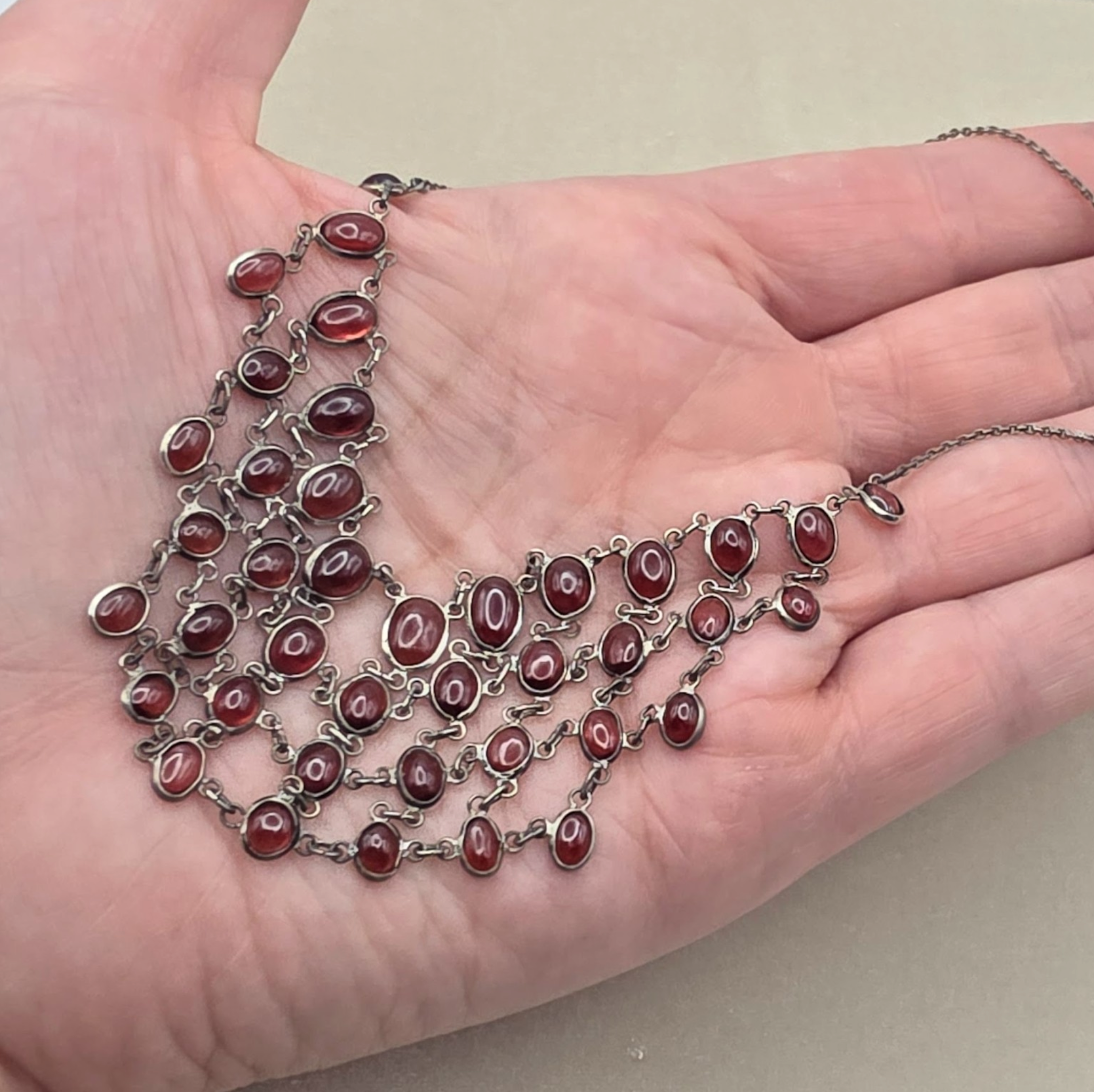 Vintage Sterling Silver Rhodolite Garnet Bib Cabochon Fringe Statement Necklace
