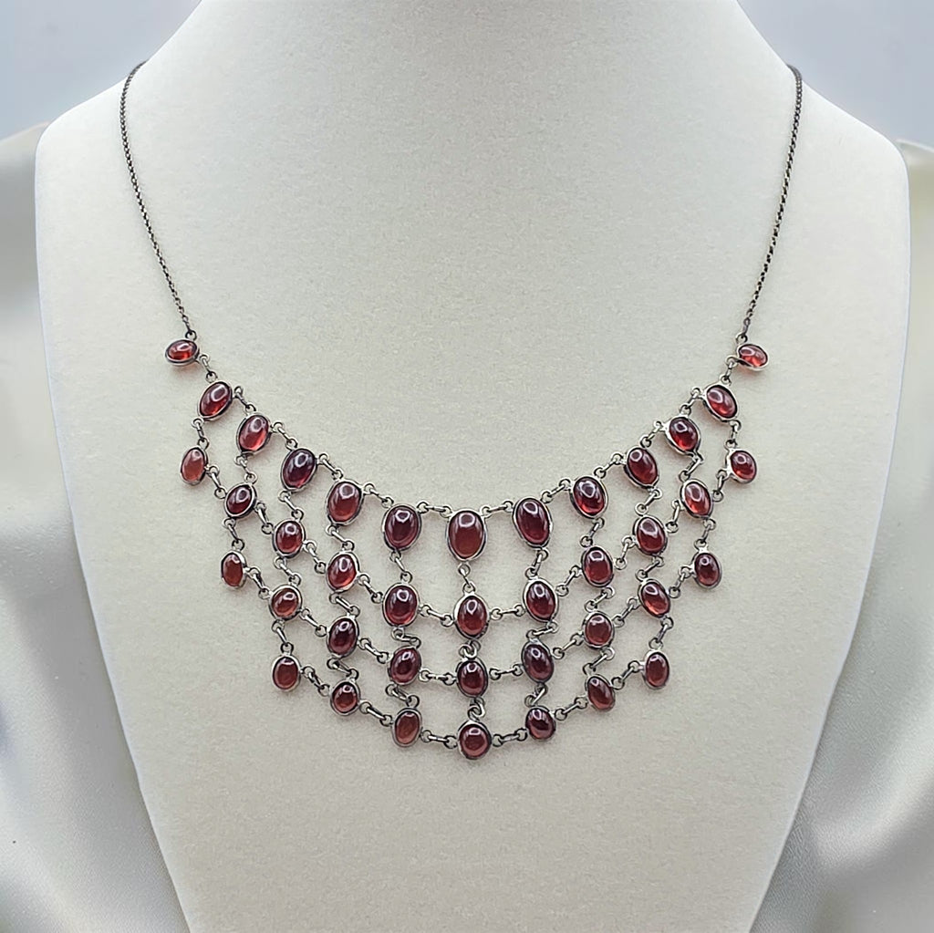 Vintage Sterling Silver Rhodolite Garnet Bib Cabochon Fringe Statement Necklace