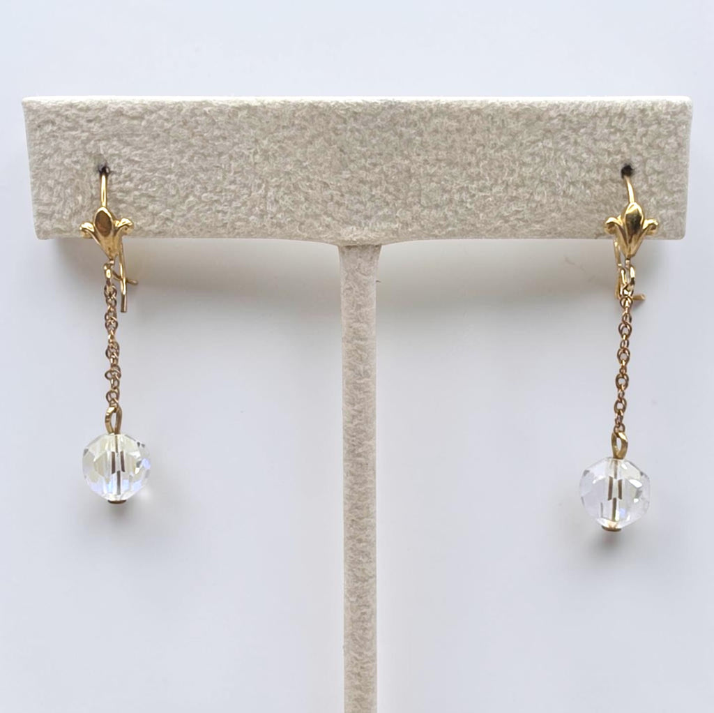 Vintage 10K Gold Chain Aurora Borealis Crystal Bead Dangle Earrings