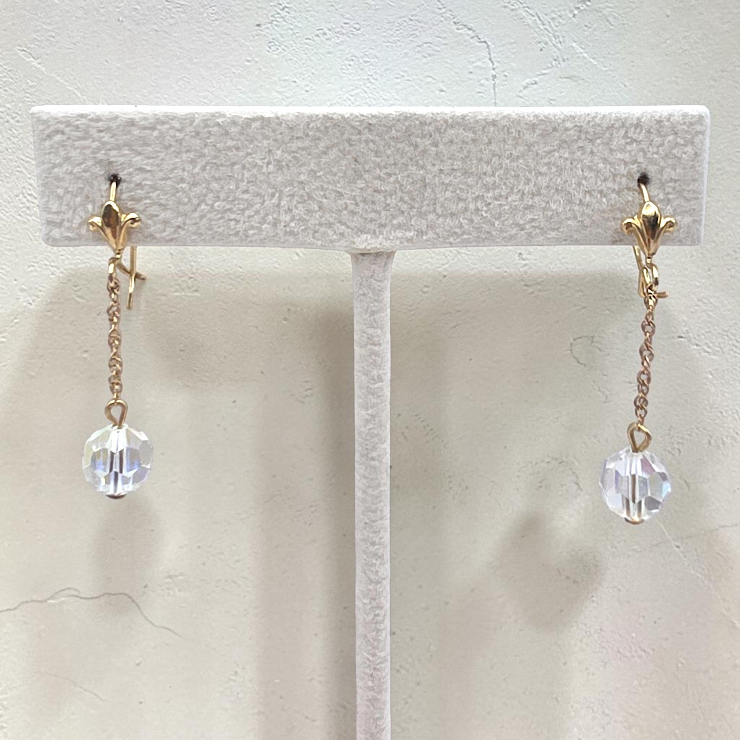 Vintage 10K Gold Chain Aurora Borealis Crystal Bead Dangle Earrings