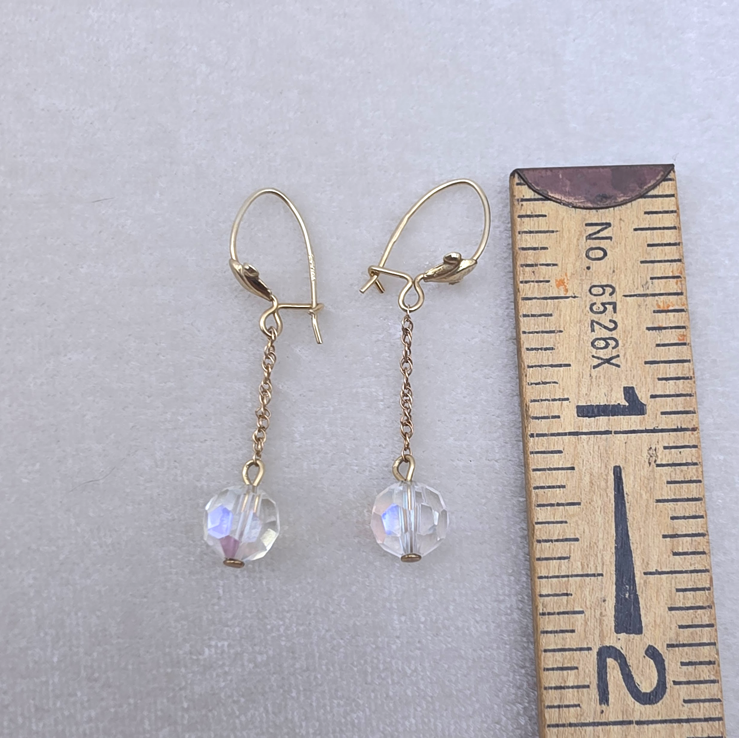 Vintage 10K Gold Chain Aurora Borealis Crystal Bead Dangle Earrings