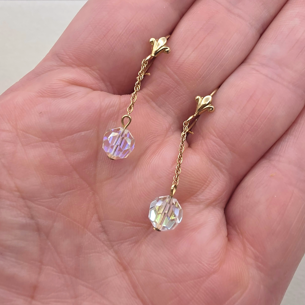 Vintage 10K Gold Chain Aurora Borealis Crystal Bead Dangle Earrings