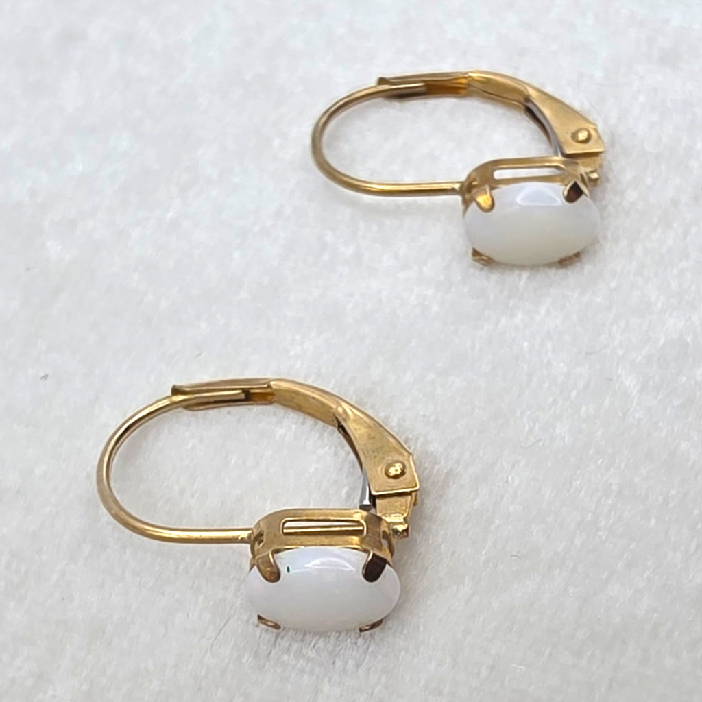 Dainty Natural White Opal 10K Gold Leverback Earrings