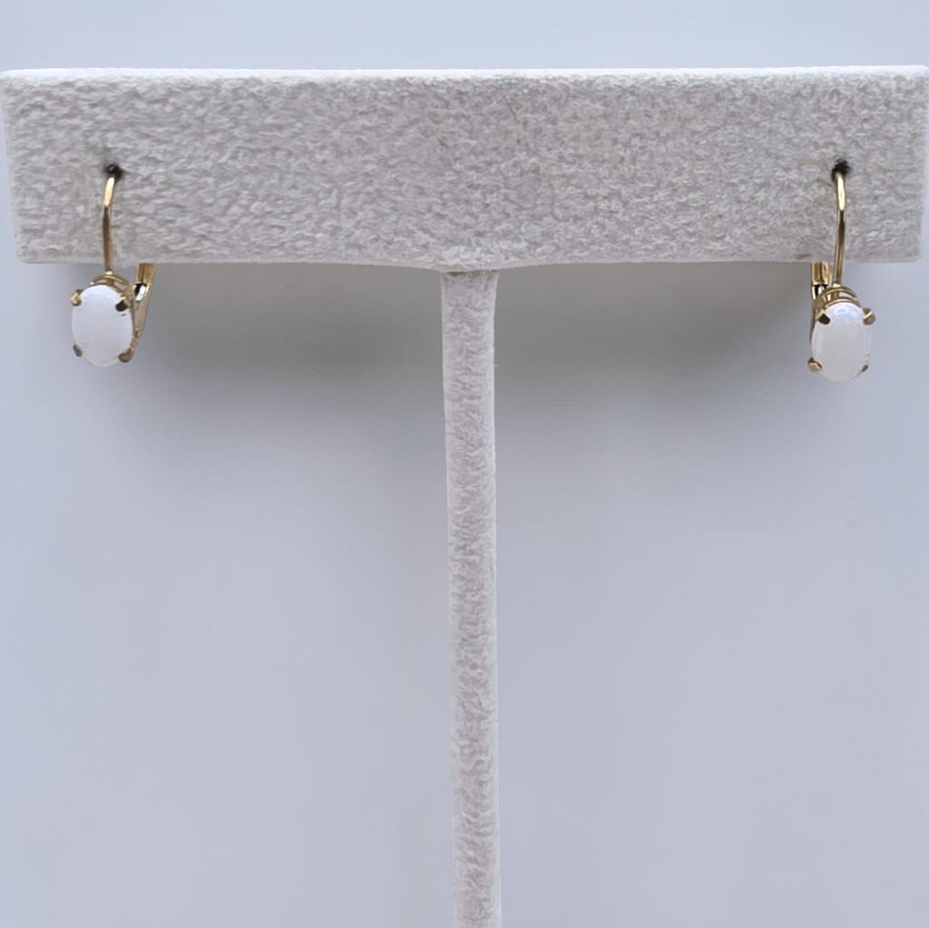 Dainty Natural White Opal 10K Gold Leverback Earrings