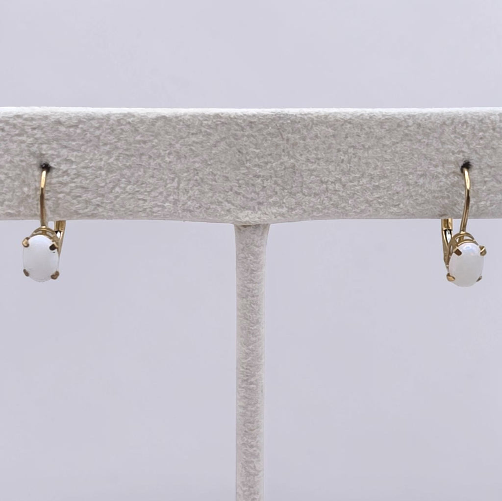 Dainty Natural White Opal 10K Gold Leverback Earrings