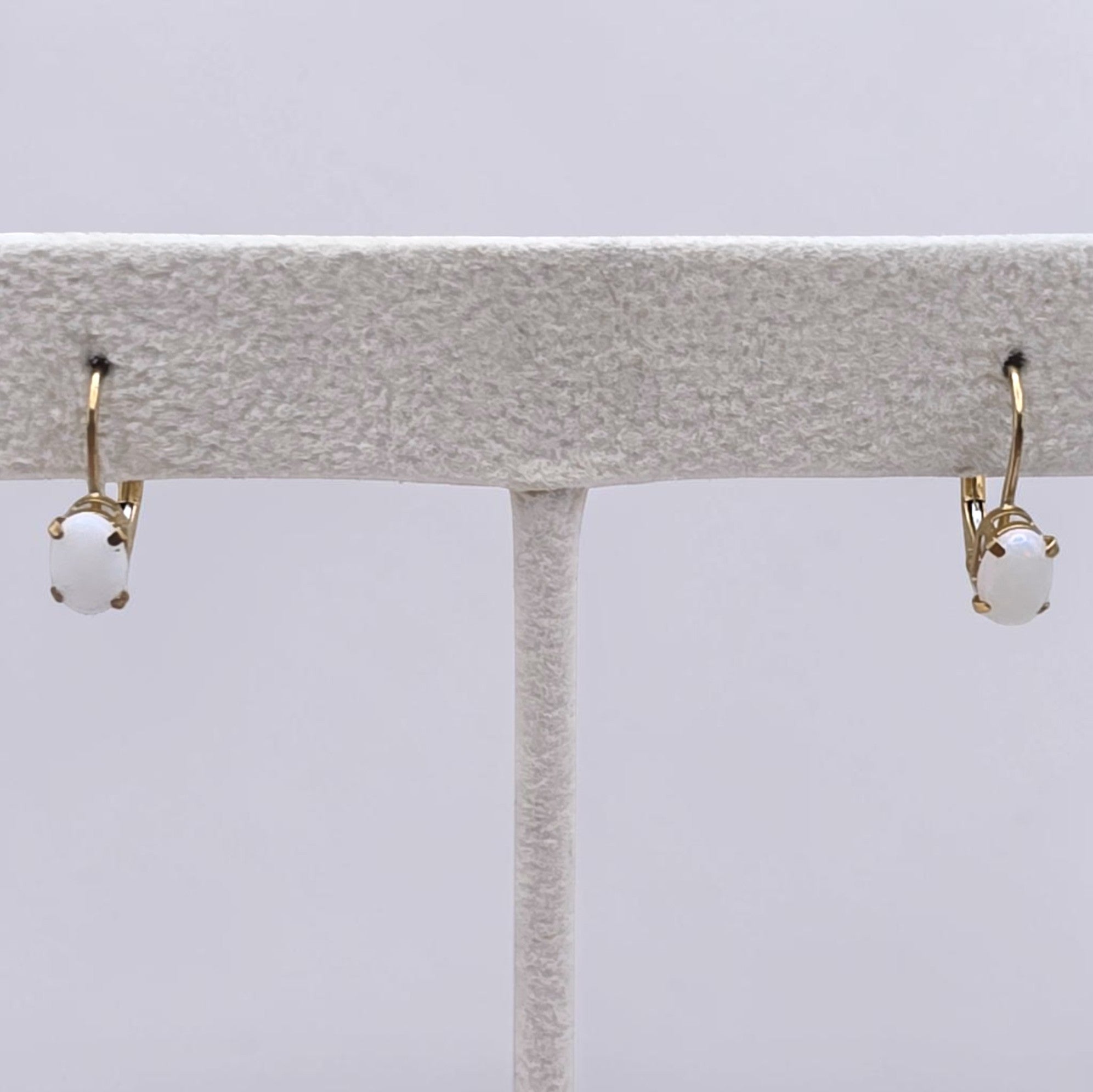 Dainty Natural White Opal 10K Gold Leverback Earrings
