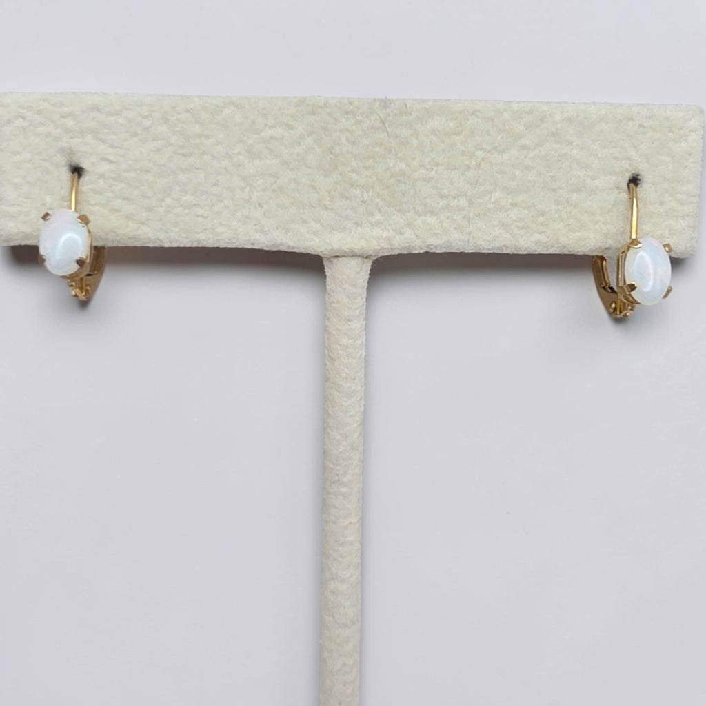 Dainty Natural White Opal 10K Gold Leverback Earrings
