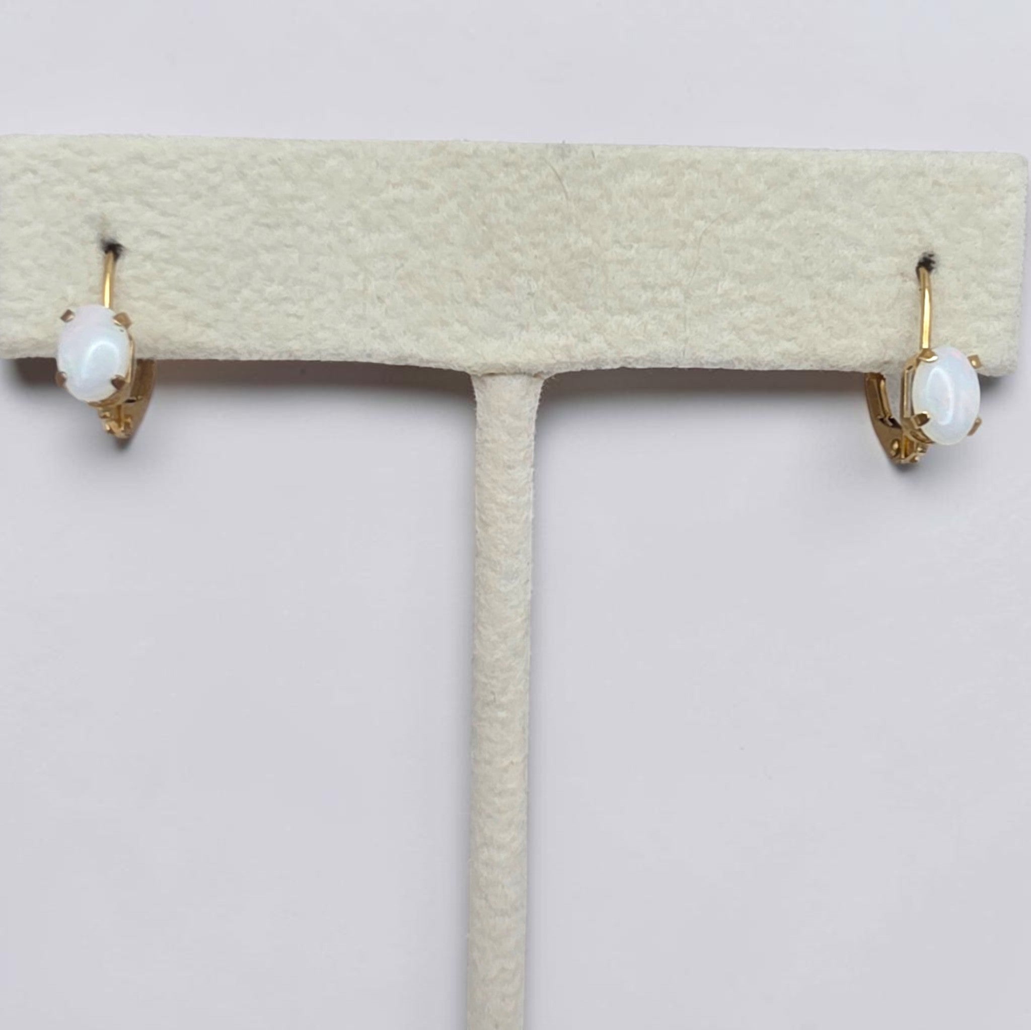 Dainty Natural White Opal 10K Gold Leverback Earrings