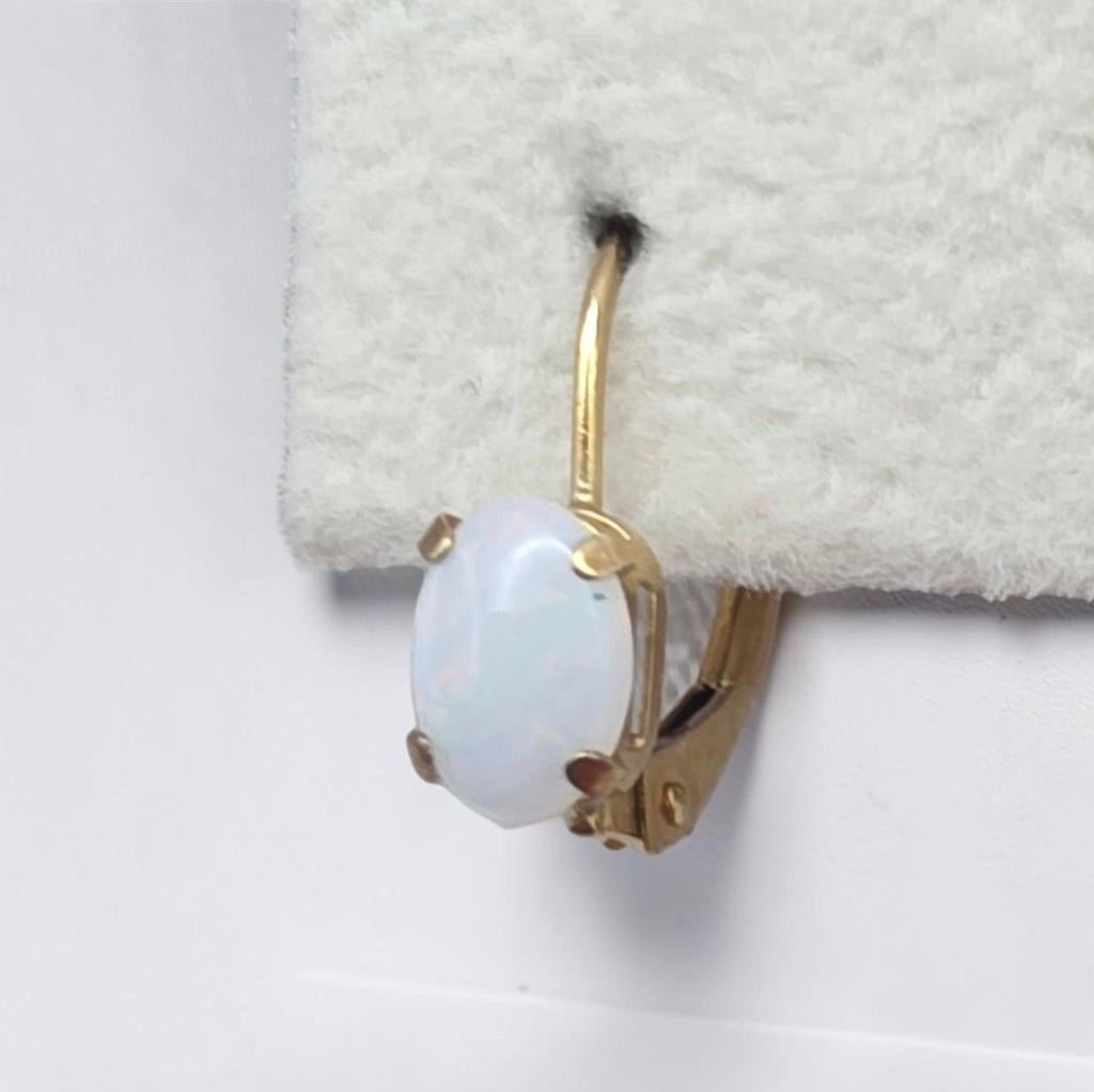 Dainty Natural White Opal 10K Gold Leverback Earrings
