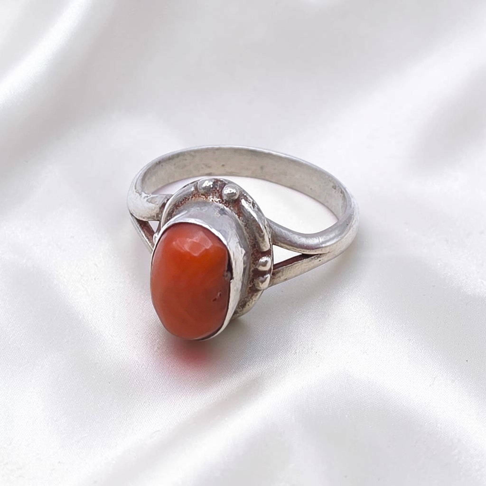 Vintage Sterling Silver Natural Coral Cabochon Ring Size 7.75 925 Statement