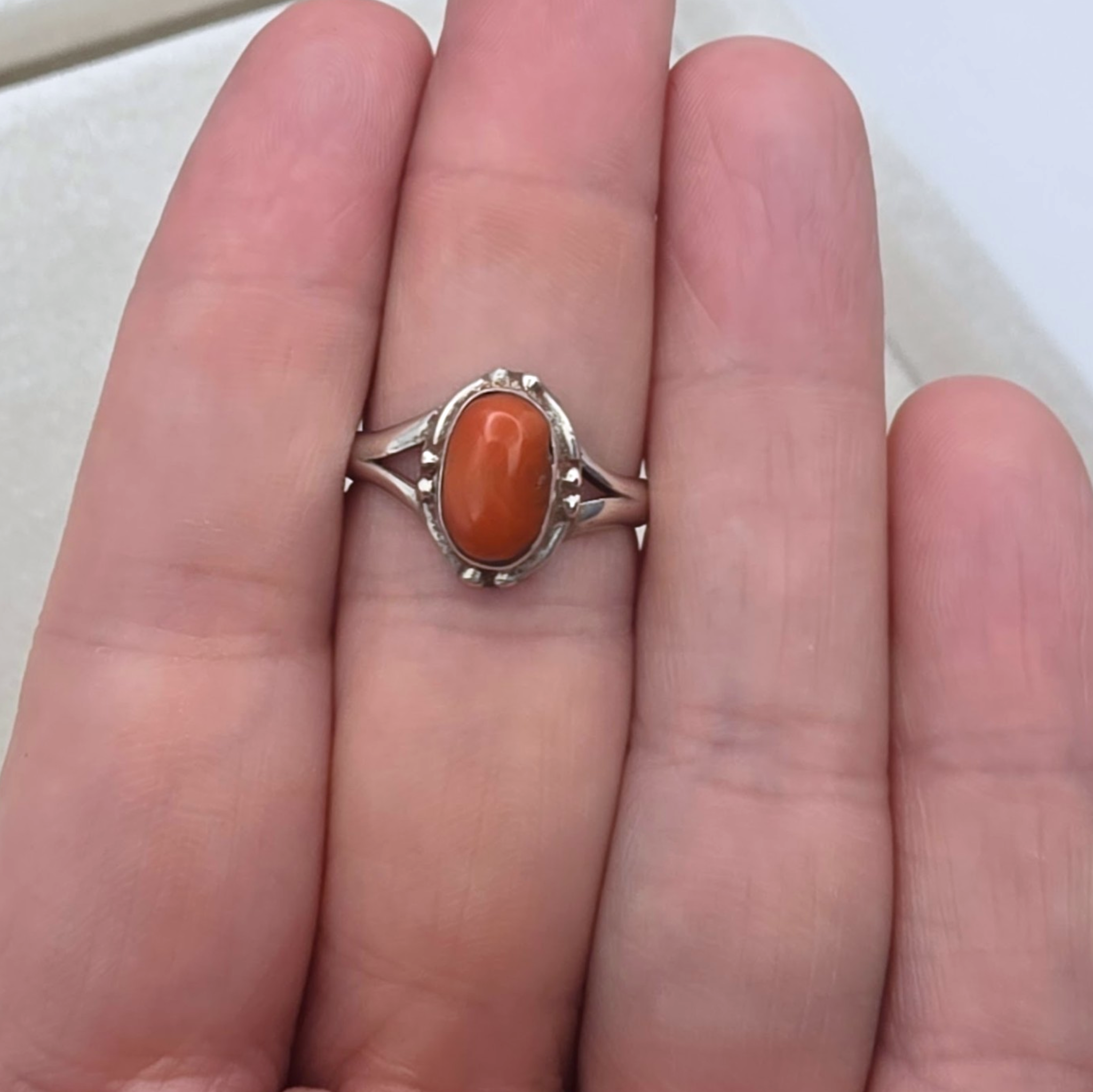 Vintage Sterling Silver Natural Coral Cabochon Ring Size 7.75 925 Statement