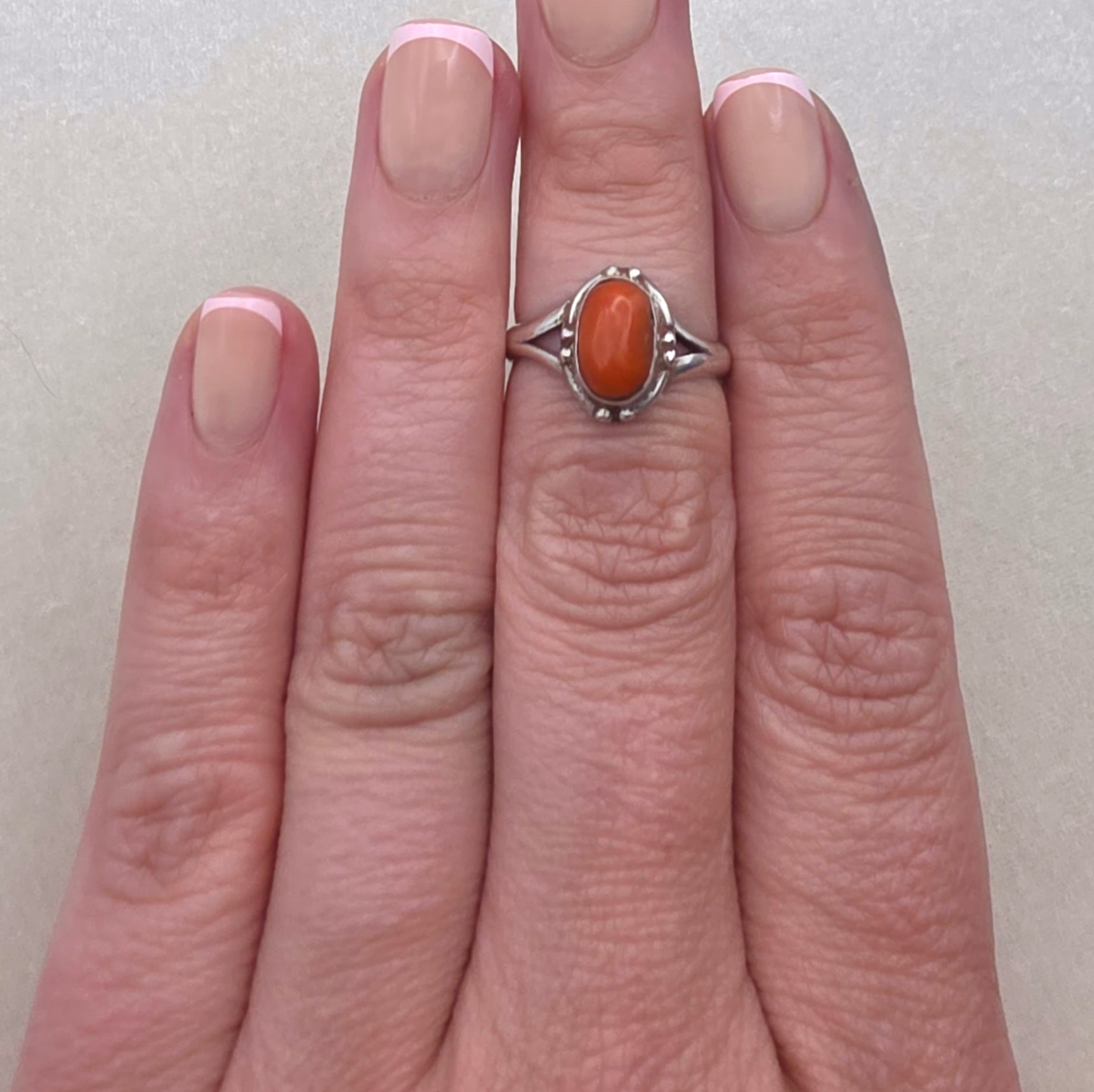 Vintage Sterling Silver Natural Coral Cabochon Ring Size 7.75 925 Statement