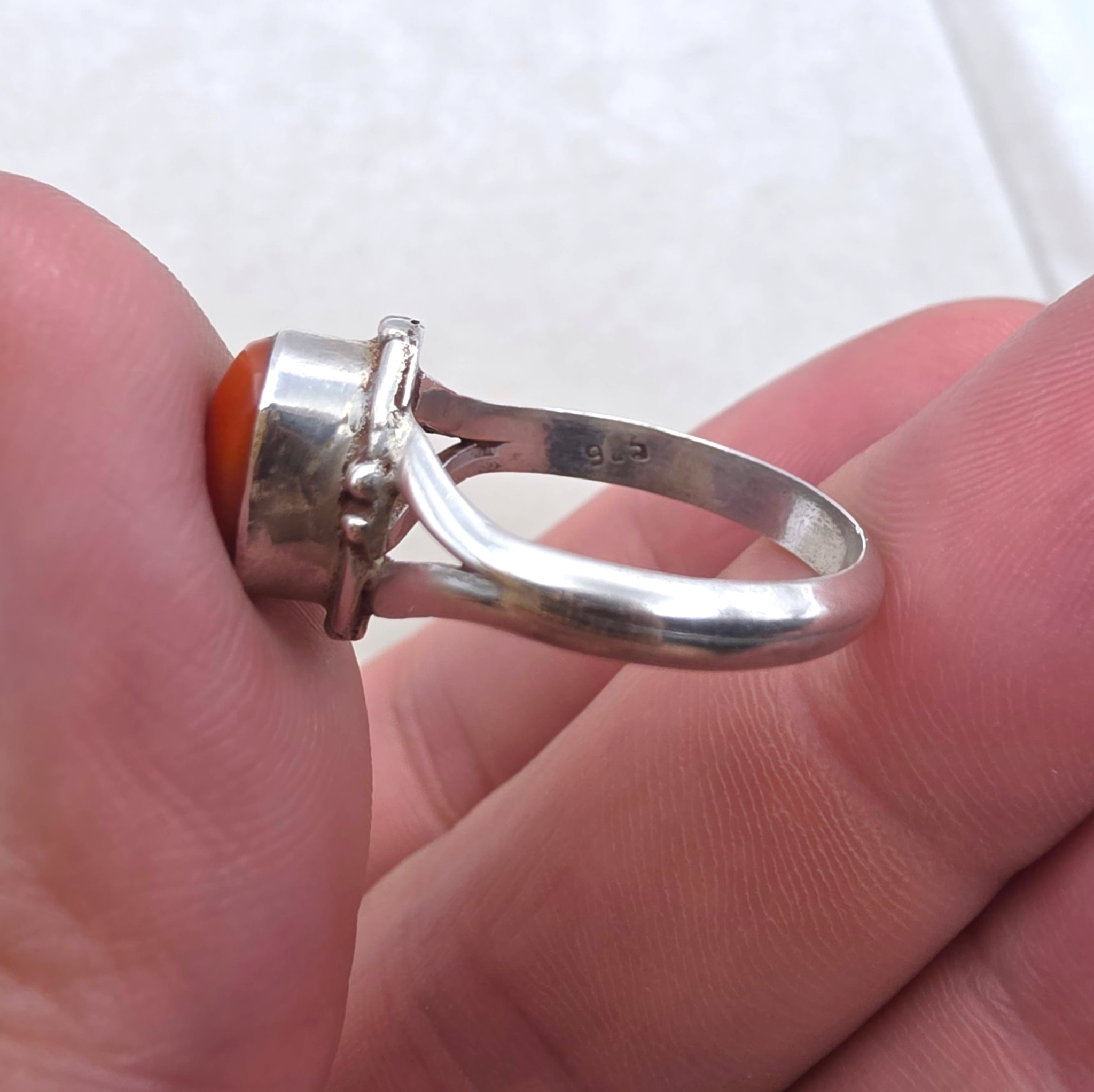 Vintage Sterling Silver Natural Coral Cabochon Ring Size 7.75 925 Statement